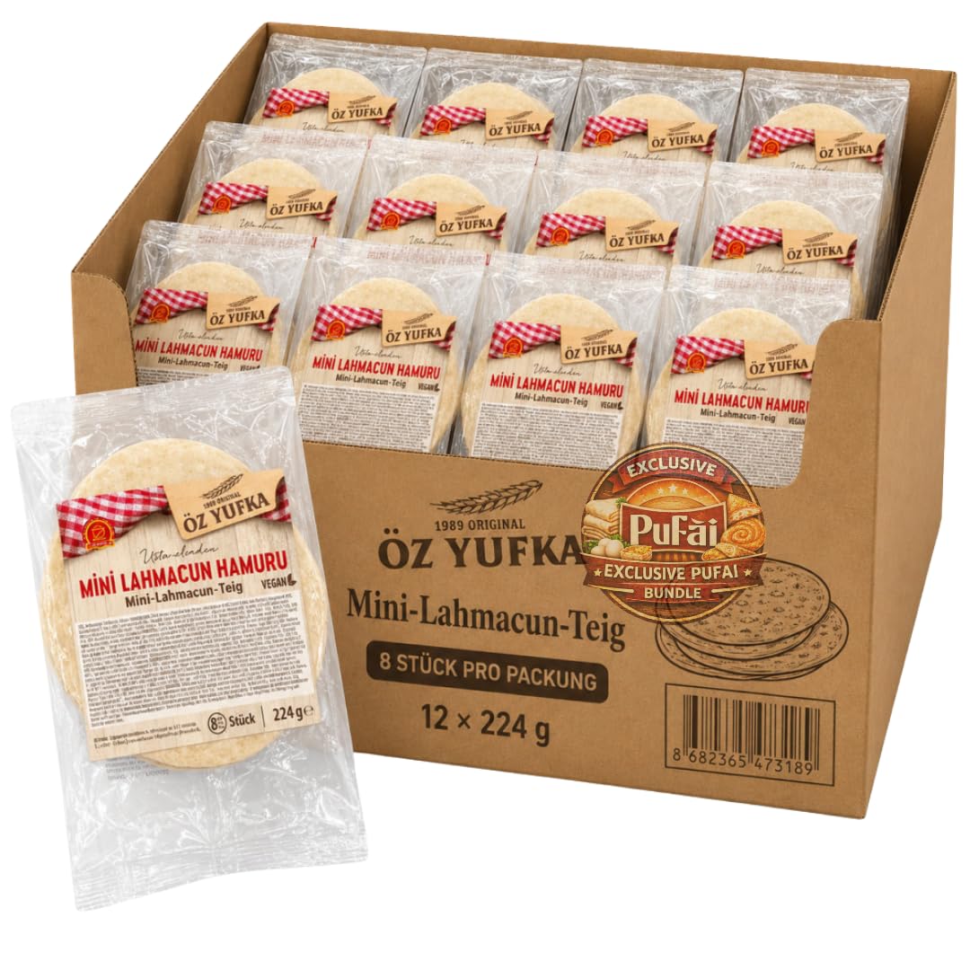 Mini-Lahmacun-Teig 224 g – 8 Dünne Teigböden für Mini-Lahmacun, Pizza, Flammkuchen und kreative Backideen – Vorteilspack 12er-Set