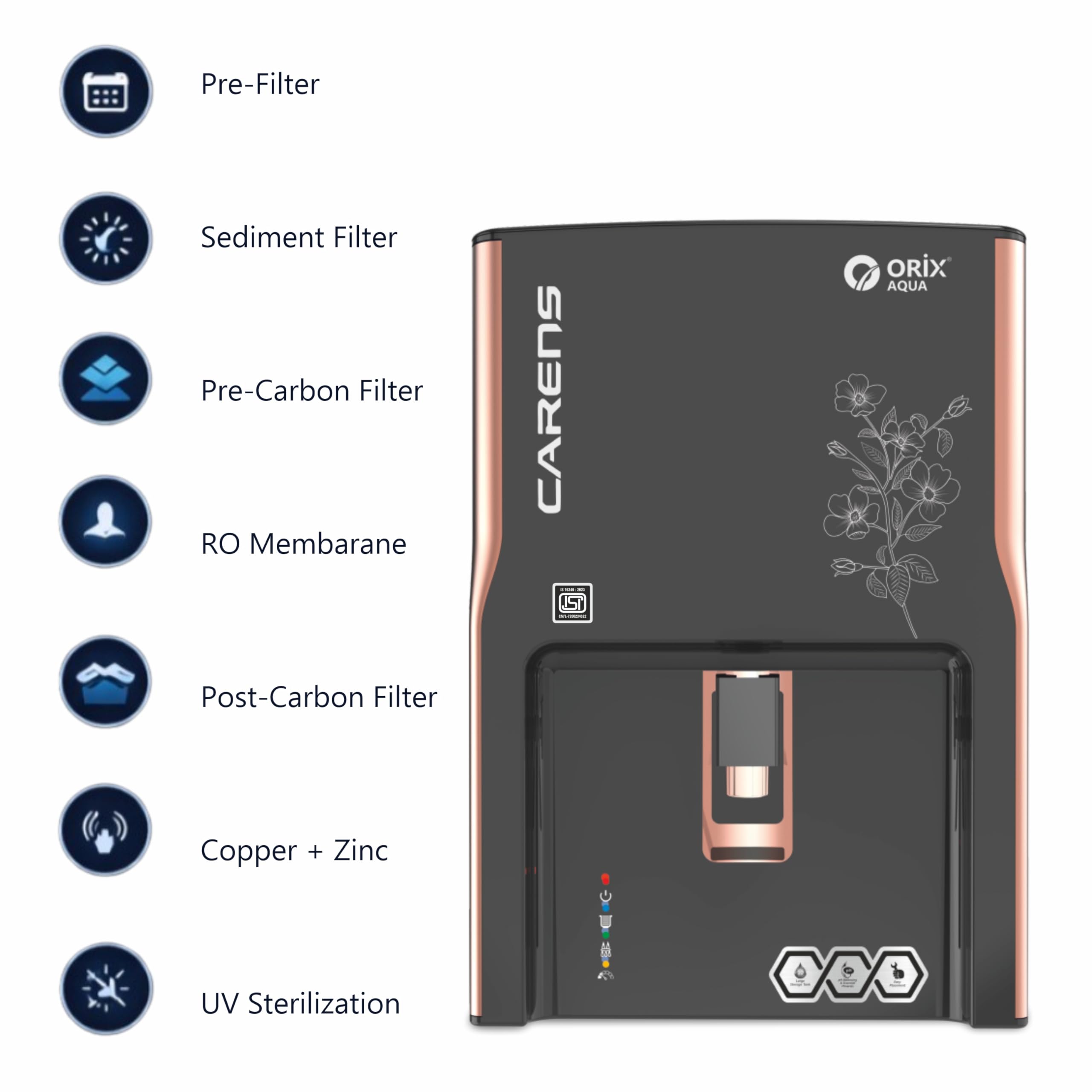 Orix Aqua Carens (Black) 12 Lph RO+ALKALINE WITH COPPER+UVC+TDS
