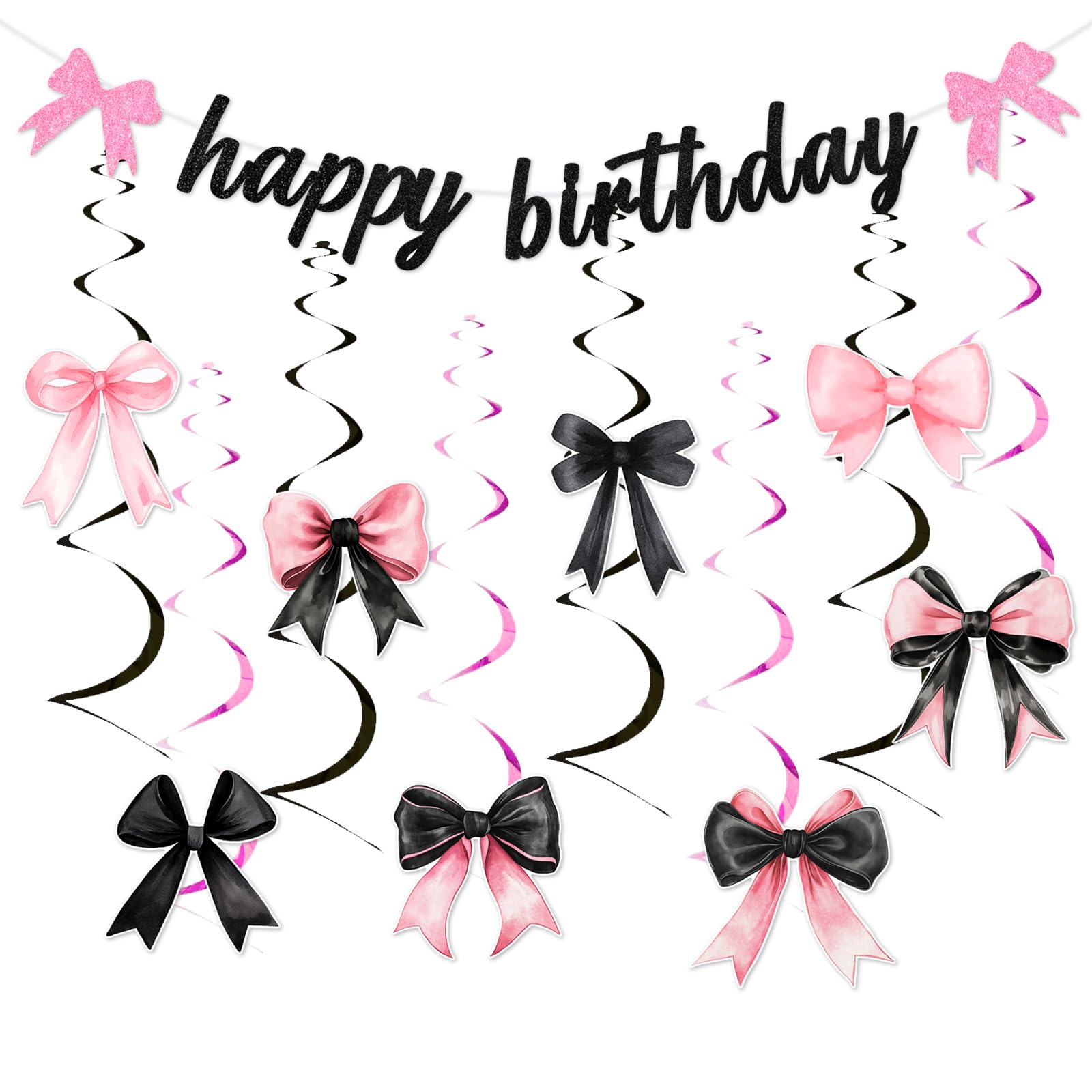 Jollyboom Pink and Black Bow Birthday Decorations, Happy Birthday Banner Black and Pink Bowknot Hanging Swirls for Women Girls Party Supplies