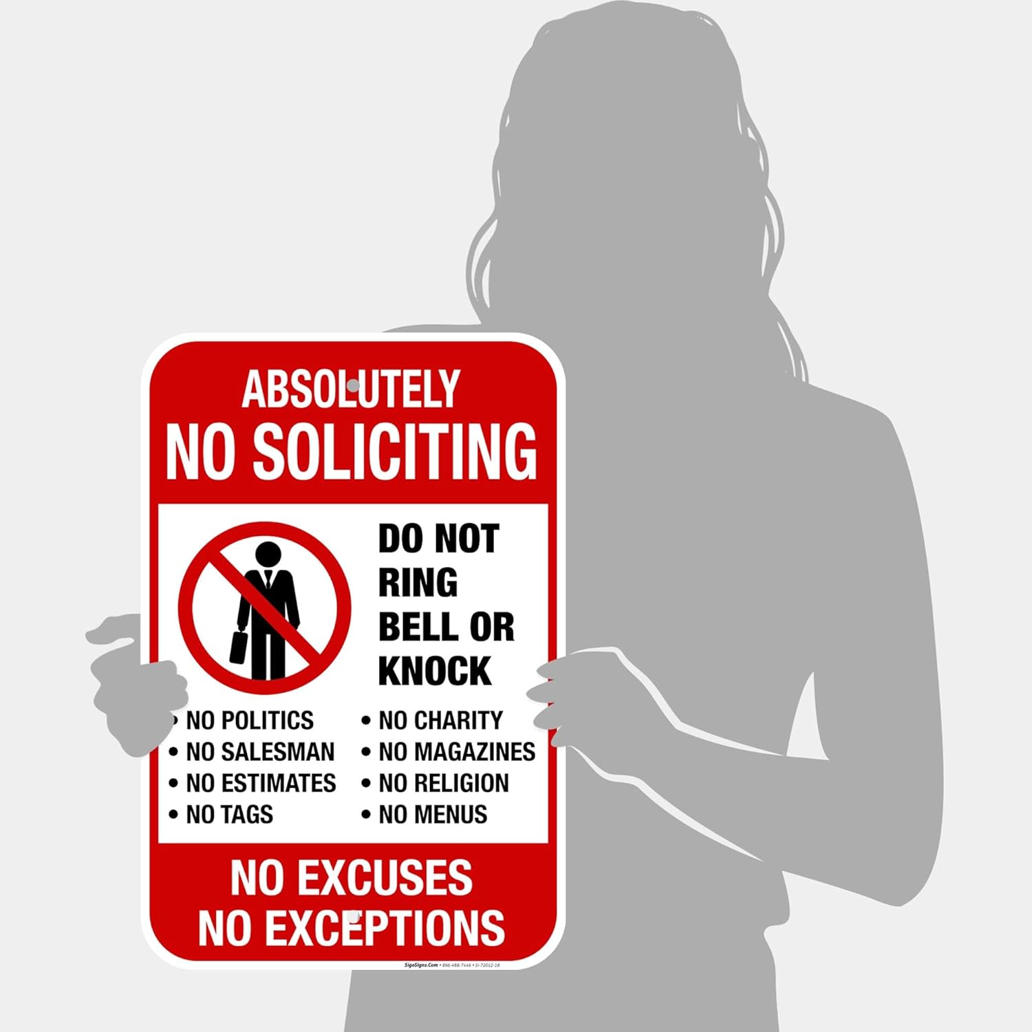 Absolutely No Soliciting Do Not Ring Bell Or Knock, No Exceptions Sign, 12x18 Inches, Rust Free .063 Aluminum, Fade Resistant, Made in USA
