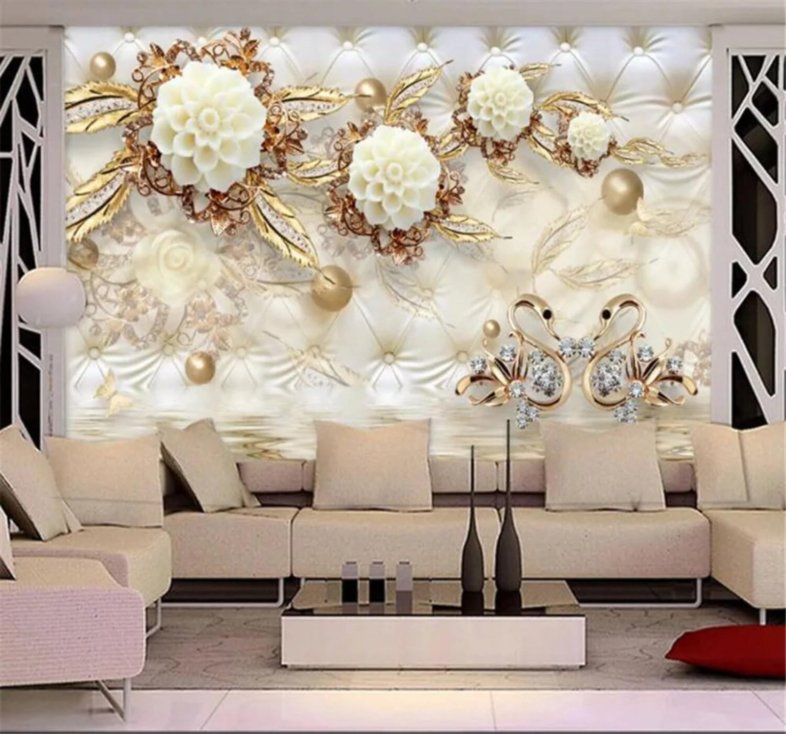 Tzxztt Unique Luxurious White Flowers Upholstered Round Balls Swans Modern 3D Wallpaper Premium Textured Silk Neutral Tones Material Ideal for Living Room Bedroom-250cm×170cm