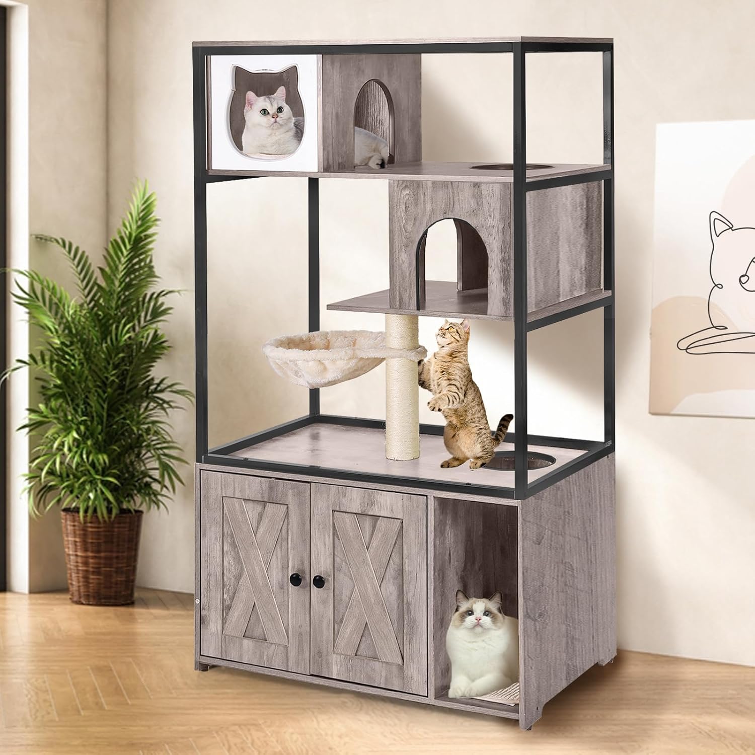 Cat Litter Box Enclosure, Cat Tree with Hidden Litter Box Furnitur，Front Entry Kitty Washroom Furniture for Indoor Cats (Grey)