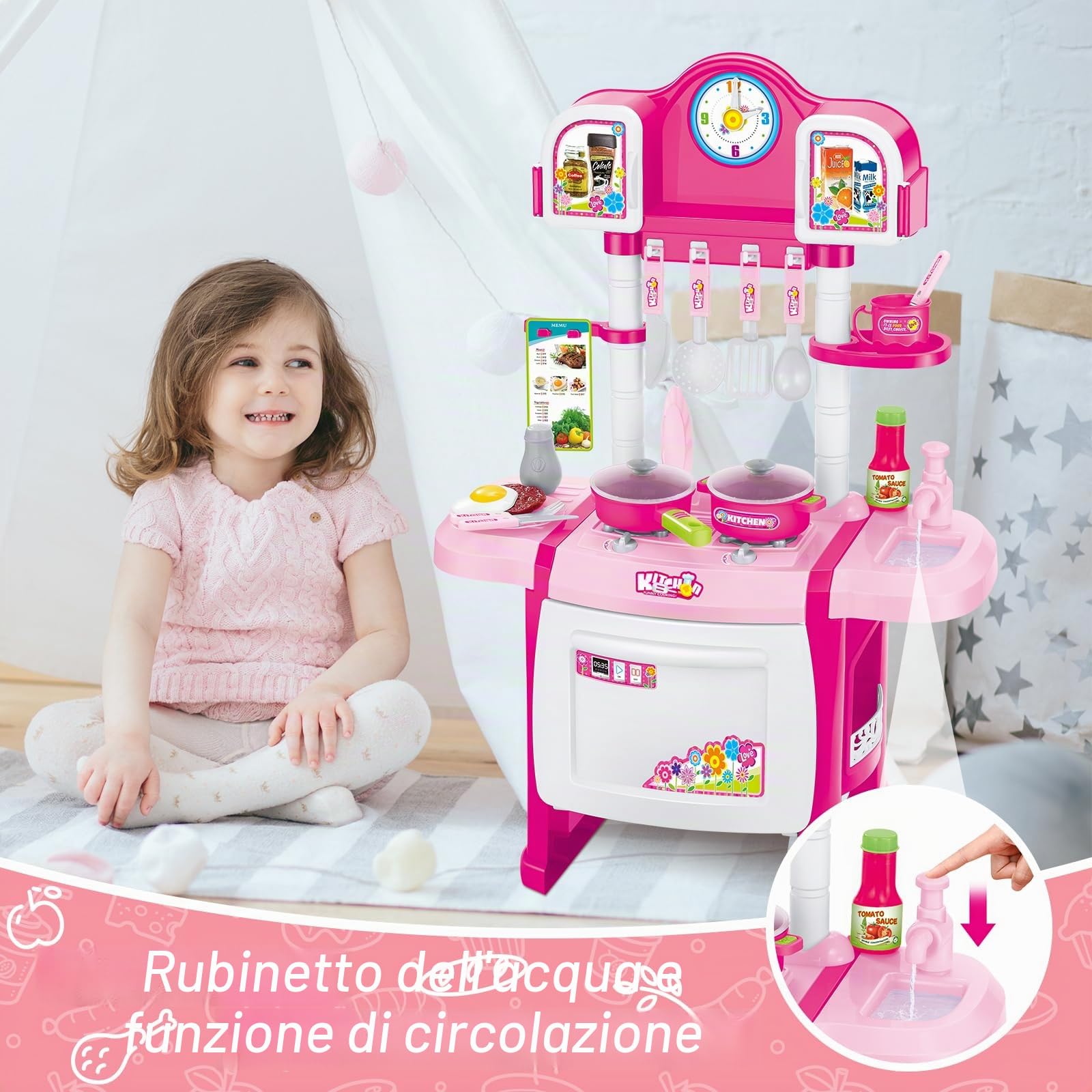 deAO My Little Chef Cucina Giocattolo in Miniatura con Luci e Suoni, 18 Accessori, Fornello, Lavello, Padelle e Utensili, Gioco di Ruolo, Regalo per Bambini e Bambine | Rosa