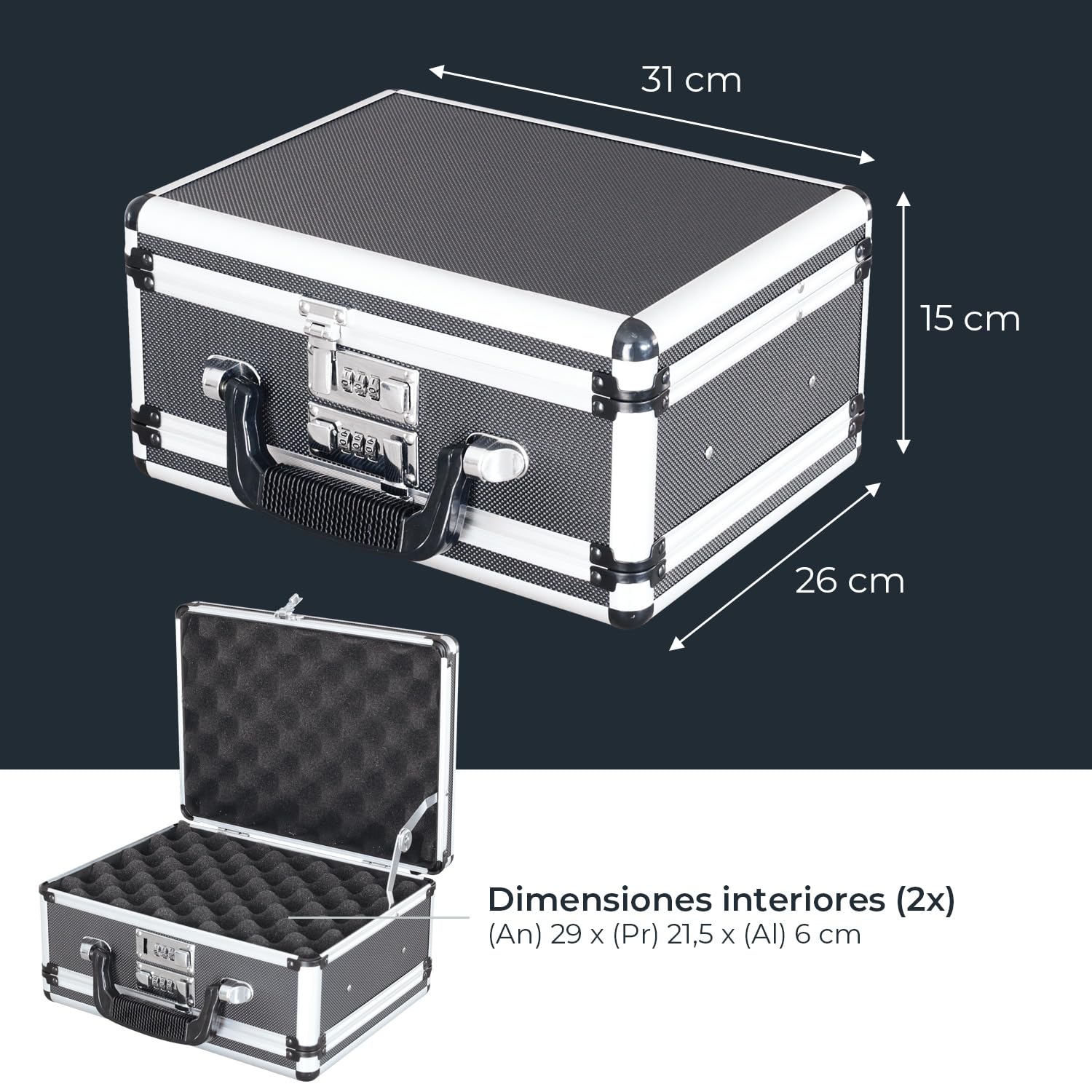 HMF 14403-02 Maleta de Aluminio para Pistolas con Cerradura de Combinación | 42 x 26 x 12 cm | Negro