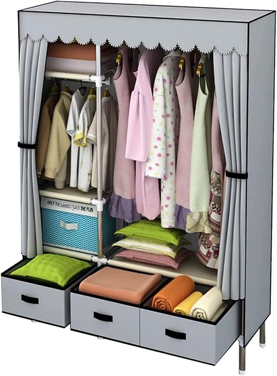 EsEntL Armario portátil Armario de Tela Armario Individual, Armario de Metal para Dormitorio, Suspensión, Riel para Ropa, Caja de Almacenamiento con ensamblaje de cajones Armario de Tela Gris, 168