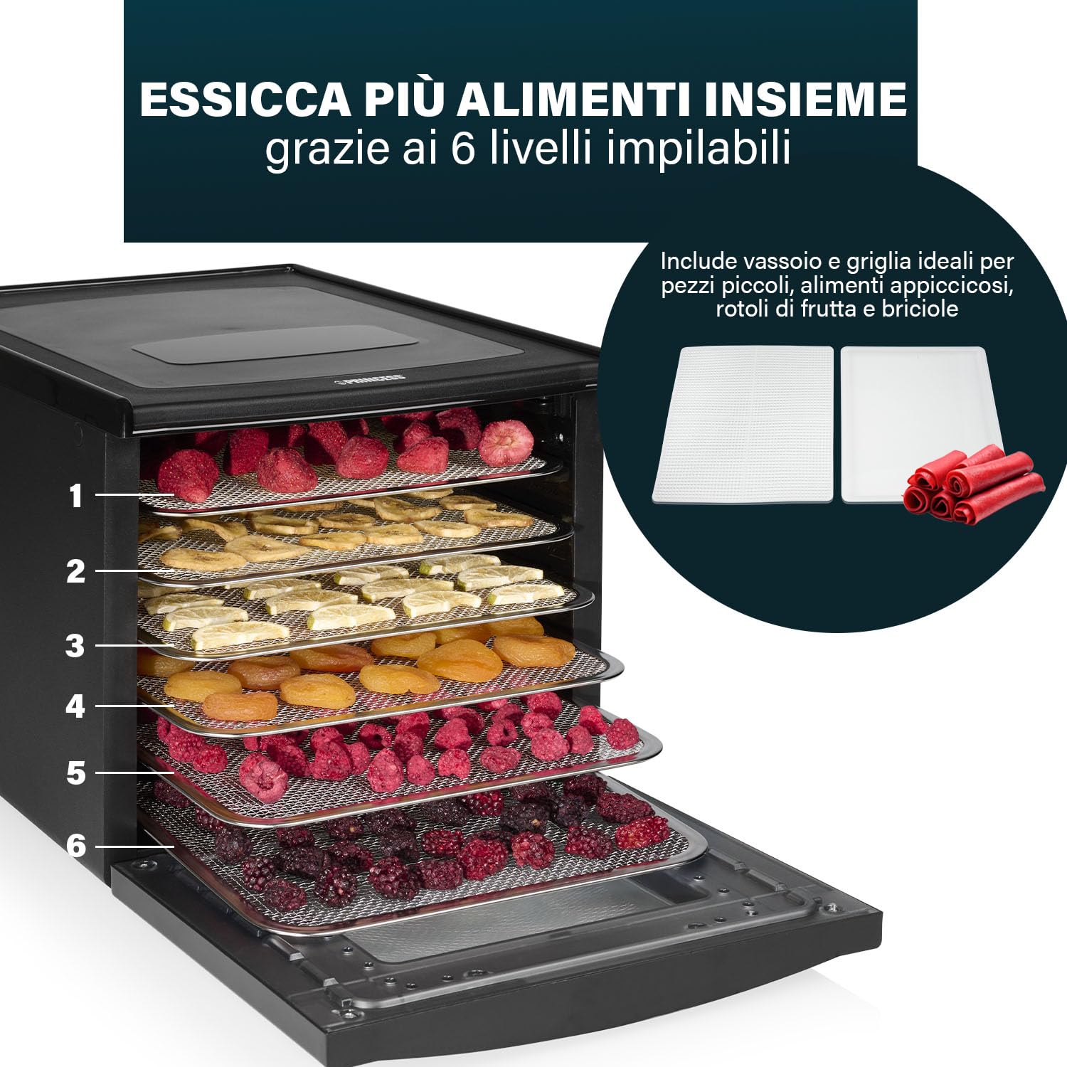 Princess Food Dehydrator con 6 Vassoi in Acciaio Inox, Temperatura Regolabile, Display Touch, Timer fino a 48 Ore, 550 W, 01.112398.01.001