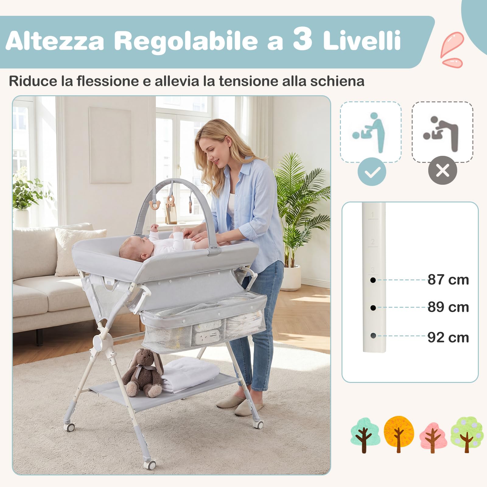 COSTWAY Fasciatoio Pieghevole per Bambini, Fasciatoio Portatile con Ruote, Altezza Regolabile, Piattaforma Rimovibile, con Barra Giocattoli, Stendino, Misuratore, Cestini, Portata 25 kg