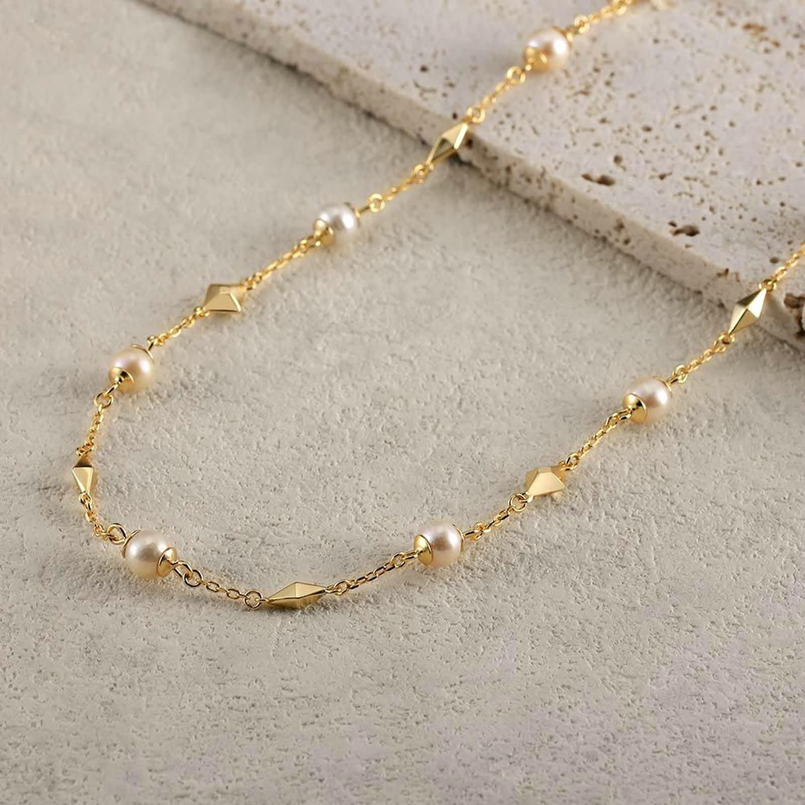 Collana Oro Catena Donna,Donna Catena Collana Argento Sterling 925 Catena con Perle Donna Catene Collana Oro