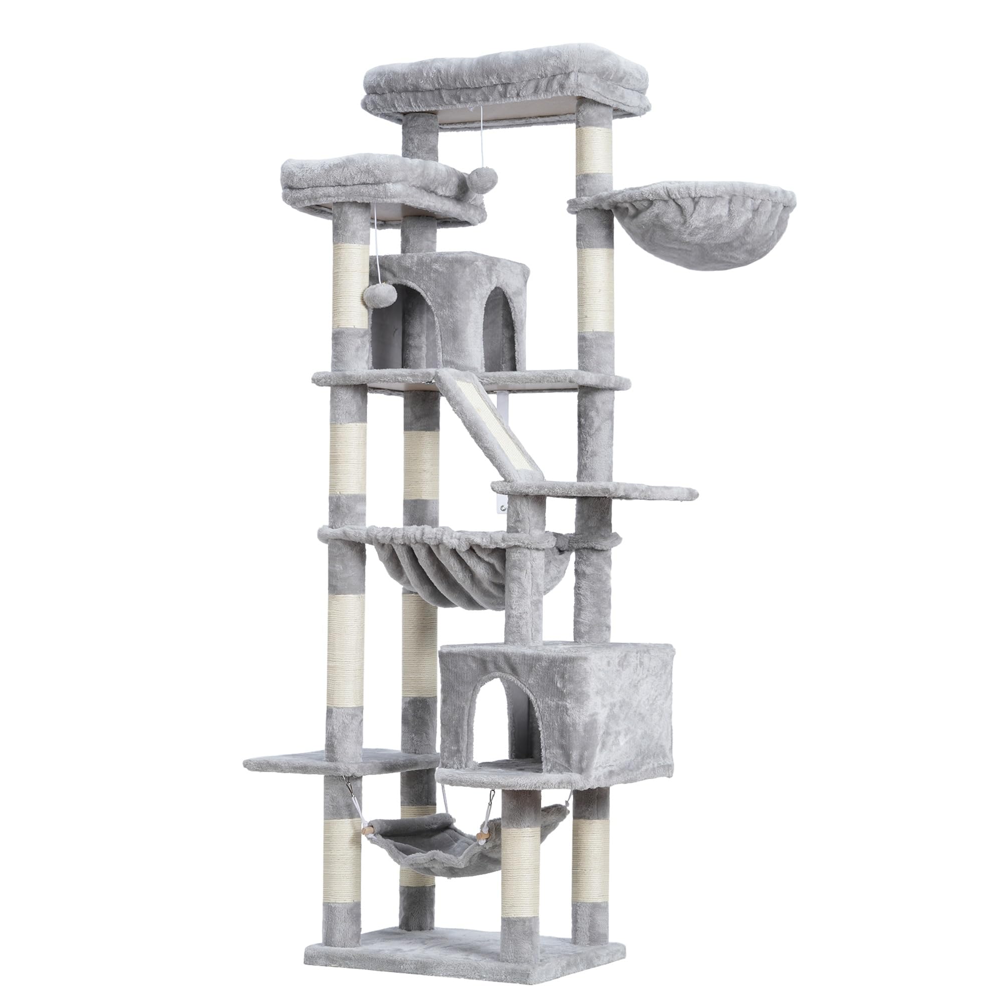 Heybly Rascador para Gatos, Torre De 180 cm, 2 Plataformas, 2 Cabañas, 2 Hamacas, Panel para Arañar. Gran Mueble para Gatos con Espacio De Dormir, Gris Claro HCT034W
