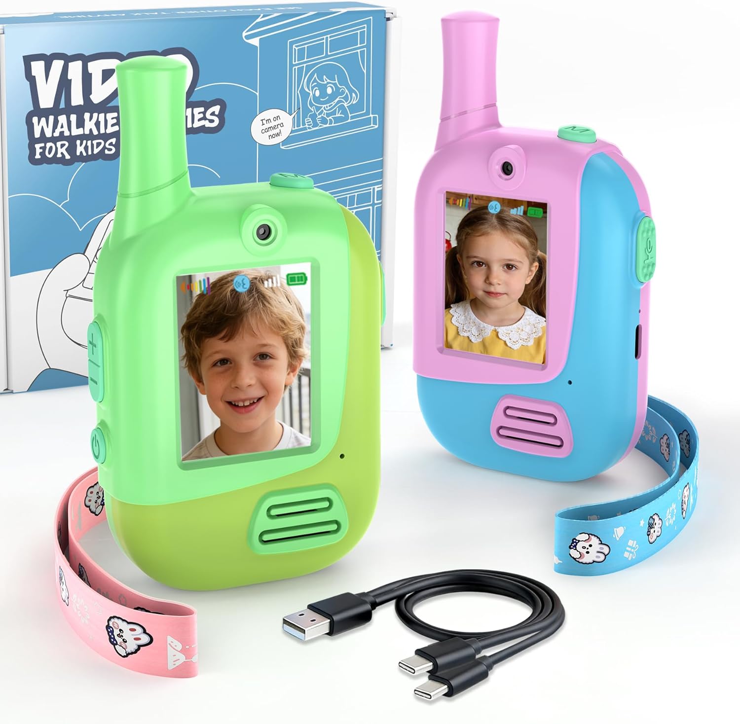 Video Walkie Talkies for Kids 2 Pack,Outdoor Toys for 3-12 Year Old Girls Boys,Rechargeable Kids Walkie Talkies with 4 Changer Voice&HD Camera for Hiking Adventure Camping (Green Pink)