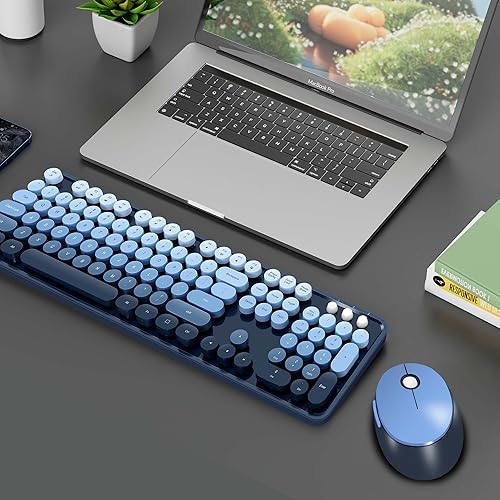 Miniatura 5 de Combo de teclado y mouse inalámbricos, teclas redondas retro, lindo teclado de tamaño completo, conexión sin abandono de 2.4 GHz y mouse óptico para