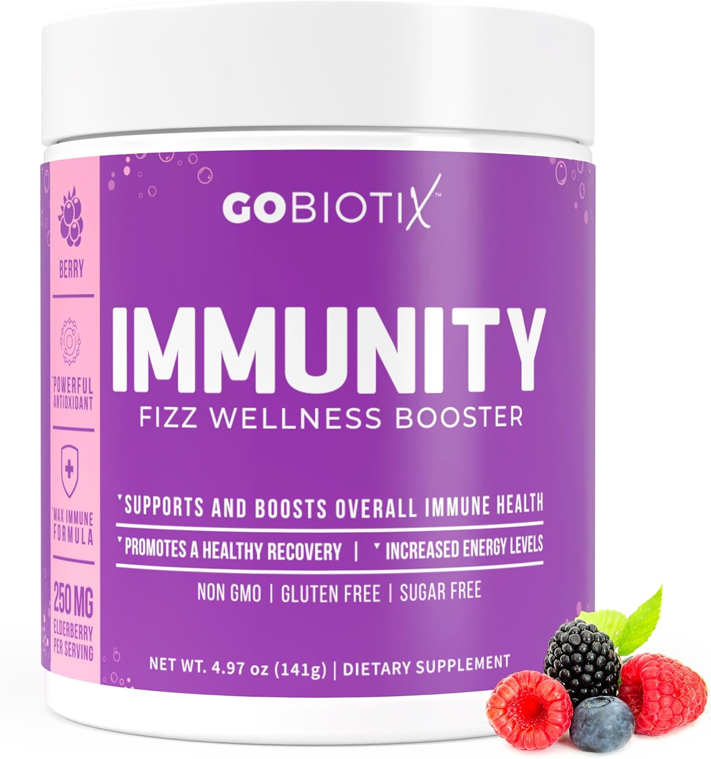 GOBIOTIX Vitamin C – Immune Defense Support Supplement – Immunity Powder Wellness Booster – Vegan Superfood – Elderberry, Turmeric, B12 Vitamin Supplement, Non-GMO and Sugar Free (Berry)