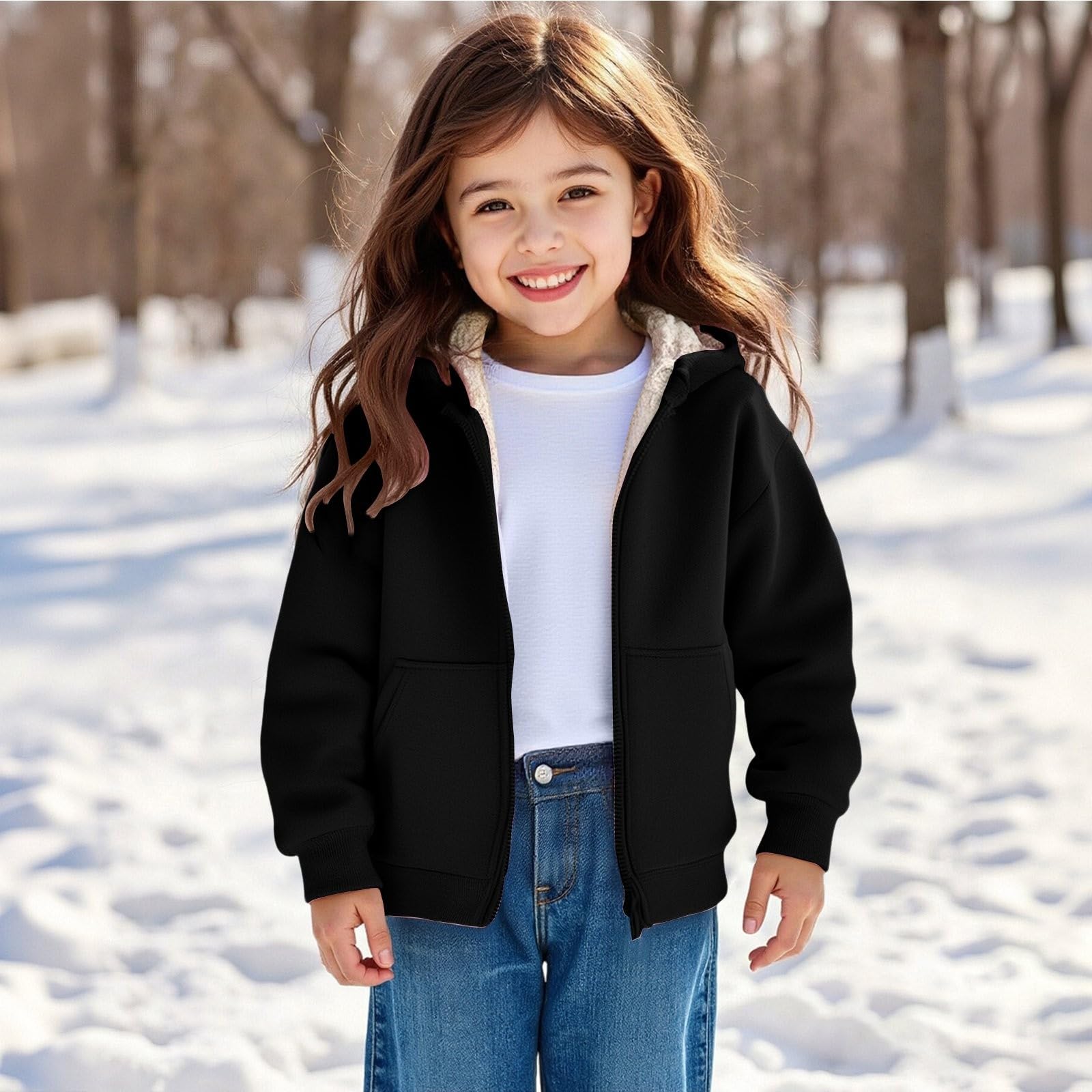 Felpa con cappuccio da ragazza, calda fodera in pile, con cappuccio, in sherpa, morbida, per la scuola, comoda, casual, unisex, per bambini