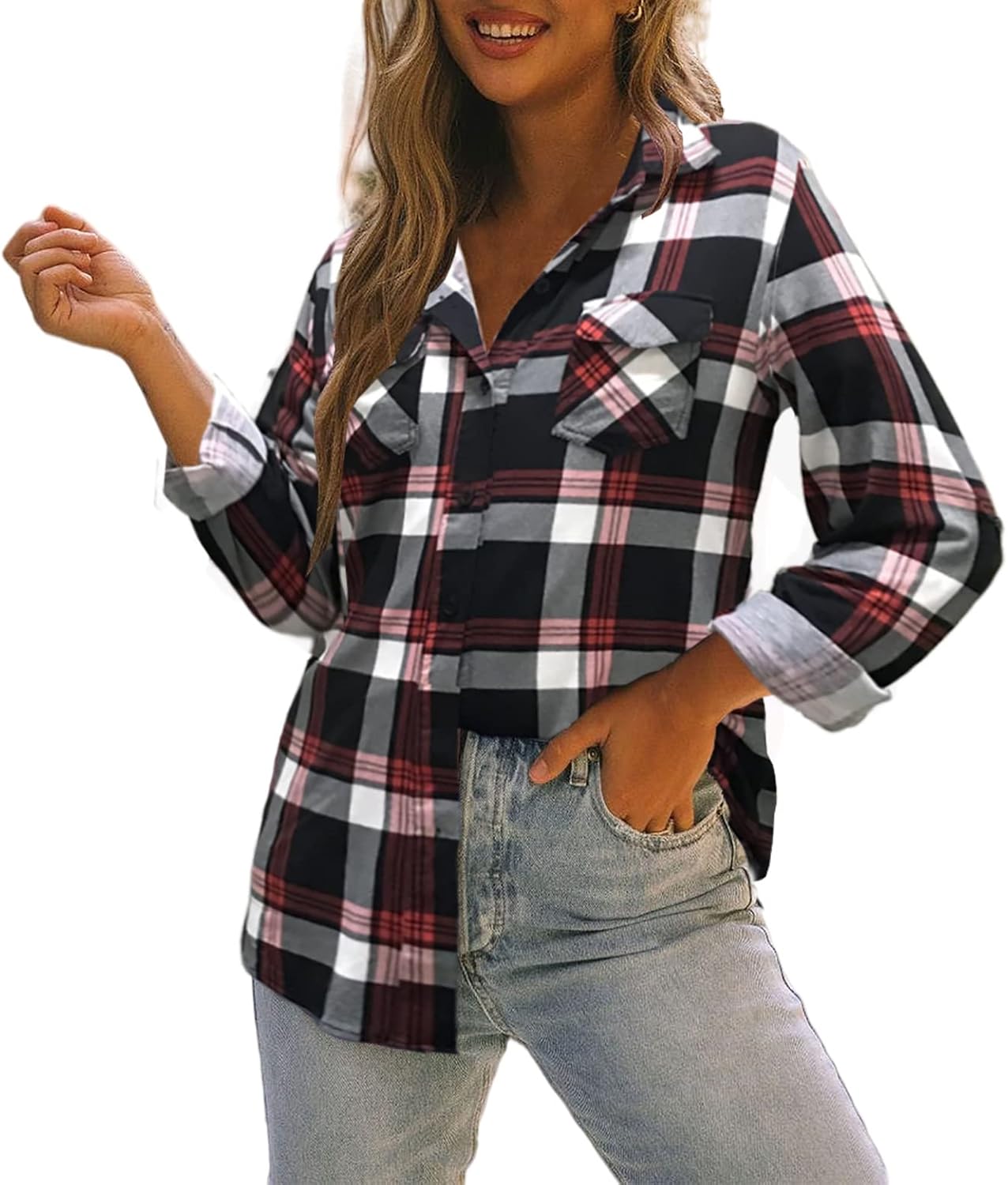 Oyamiki Womens Casual Cuffed Long Sleeve Boyfriend Button Down Plaid Flannel Shirt Tops