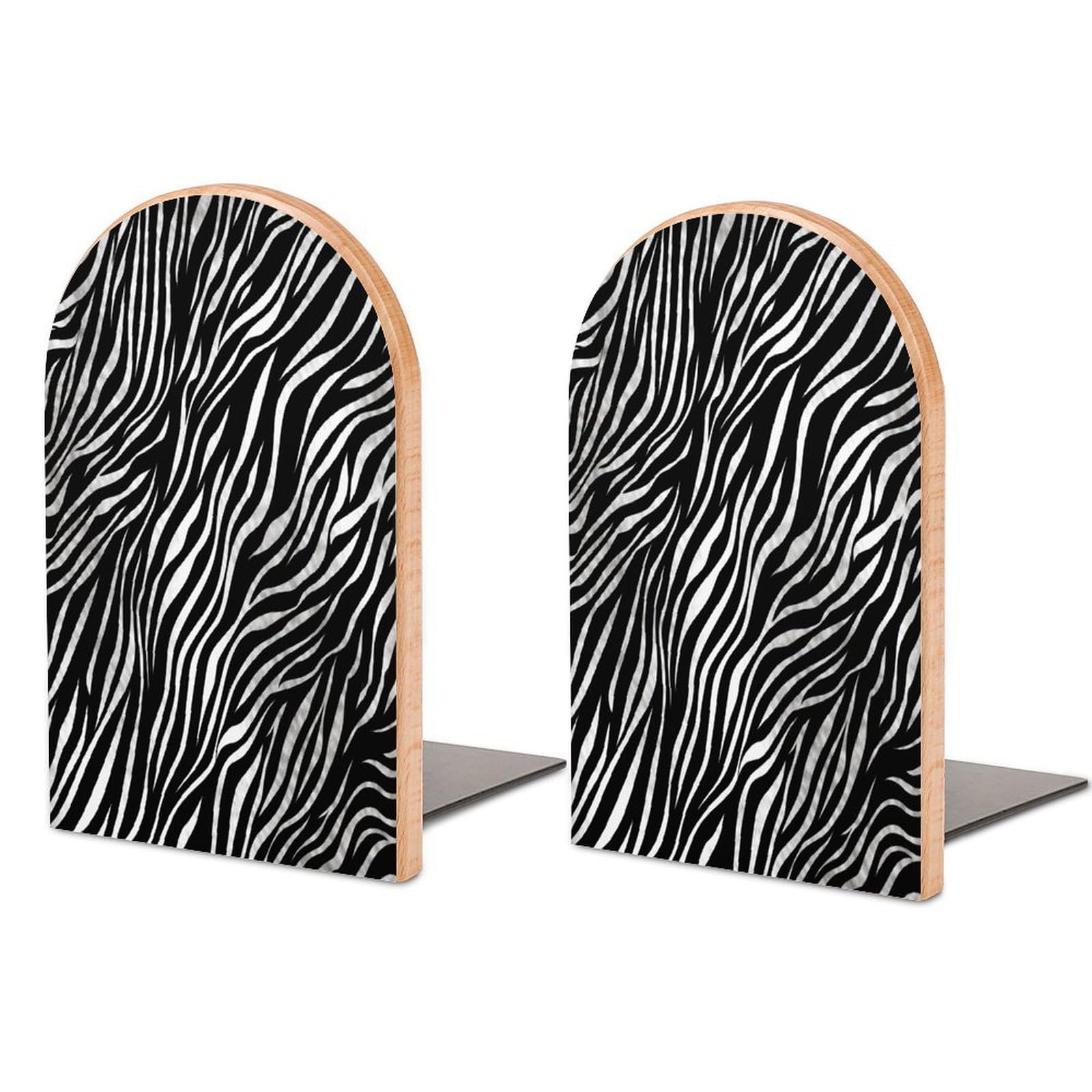 Zebra Print Book Ends Wood Non-Skid Bookend for Shelves Heavy Duty Bookends with Metal Base Decorative Books Stopper Desk Organizers Book Dividers for Office Home 1 Pair
