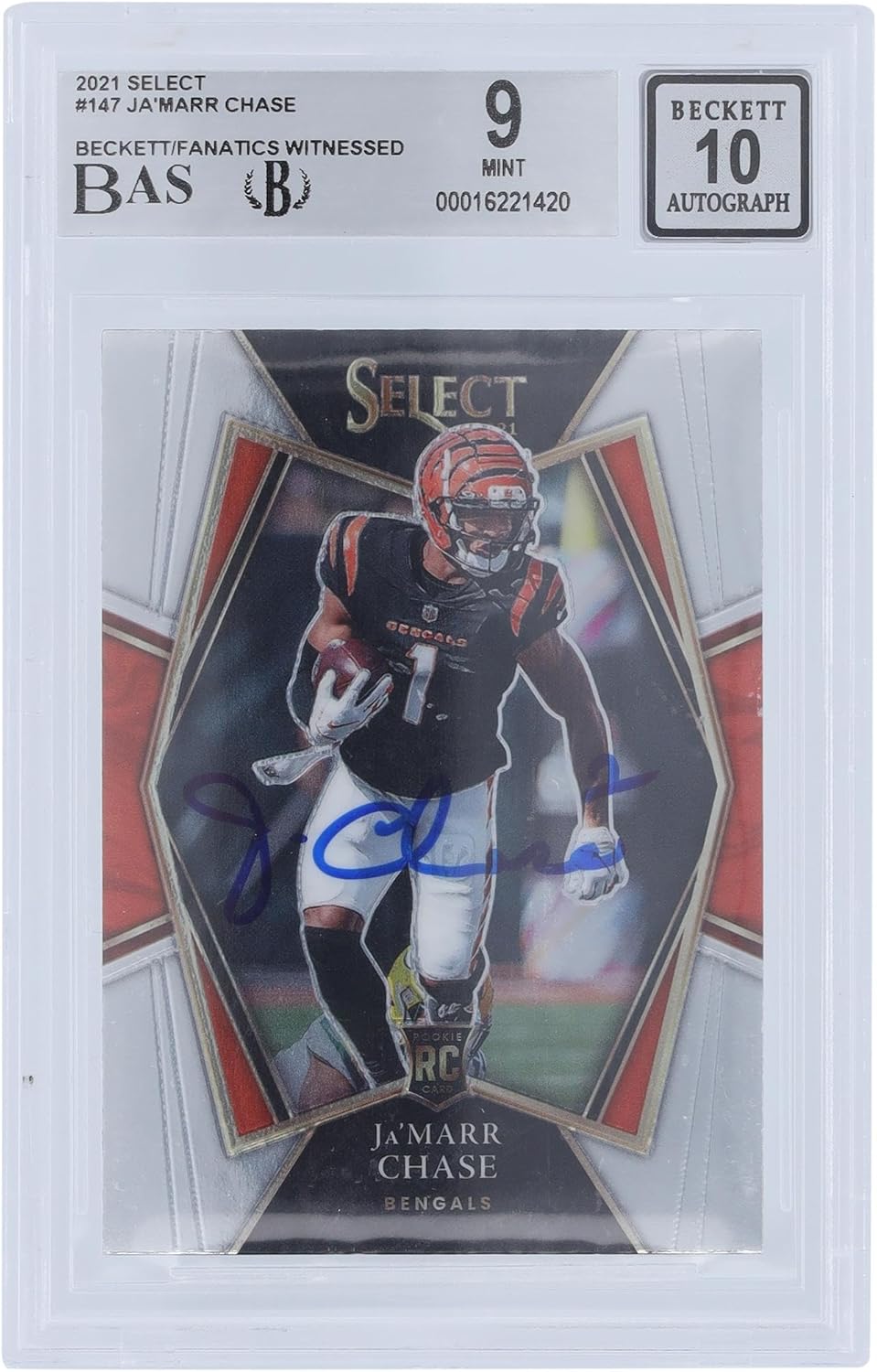 Ja'Marr Chase Cincinnati Bengals Autographed 2021 Panini Select #147 Beckett Fanatics Witnessed Authenticated 9/10 Rookie Card - Football Slabbed Autographed Rookie Cards