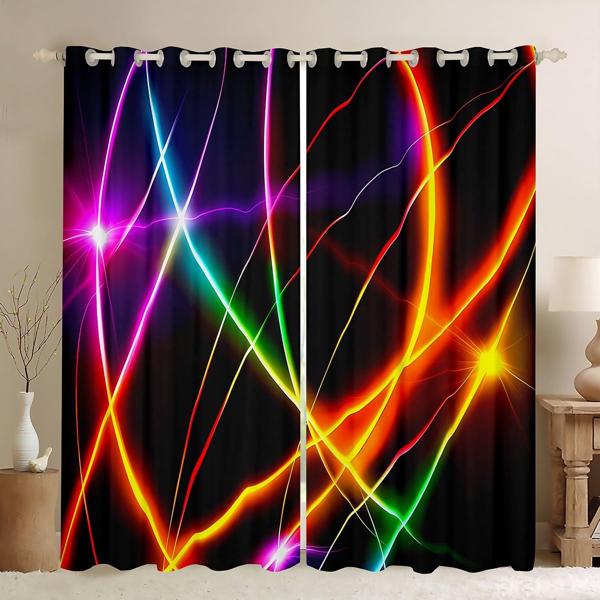 Homemissing Neon Light Stripes Curtains(2 Panels,W66*L72) For Kids Boys Girls Teens Modern Abstract Art 30%-50% Darkening Blackout Window Curtains Stripe Line Window Treatments
