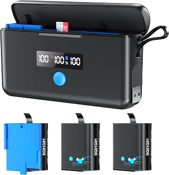 3 Pack GoPro Hero 8/7/6/5 Battery with Display Screen Charger, SD Card Reader, and Rapid Charging Compatibility for Hero 11/10/9/8/7/6/5 Models