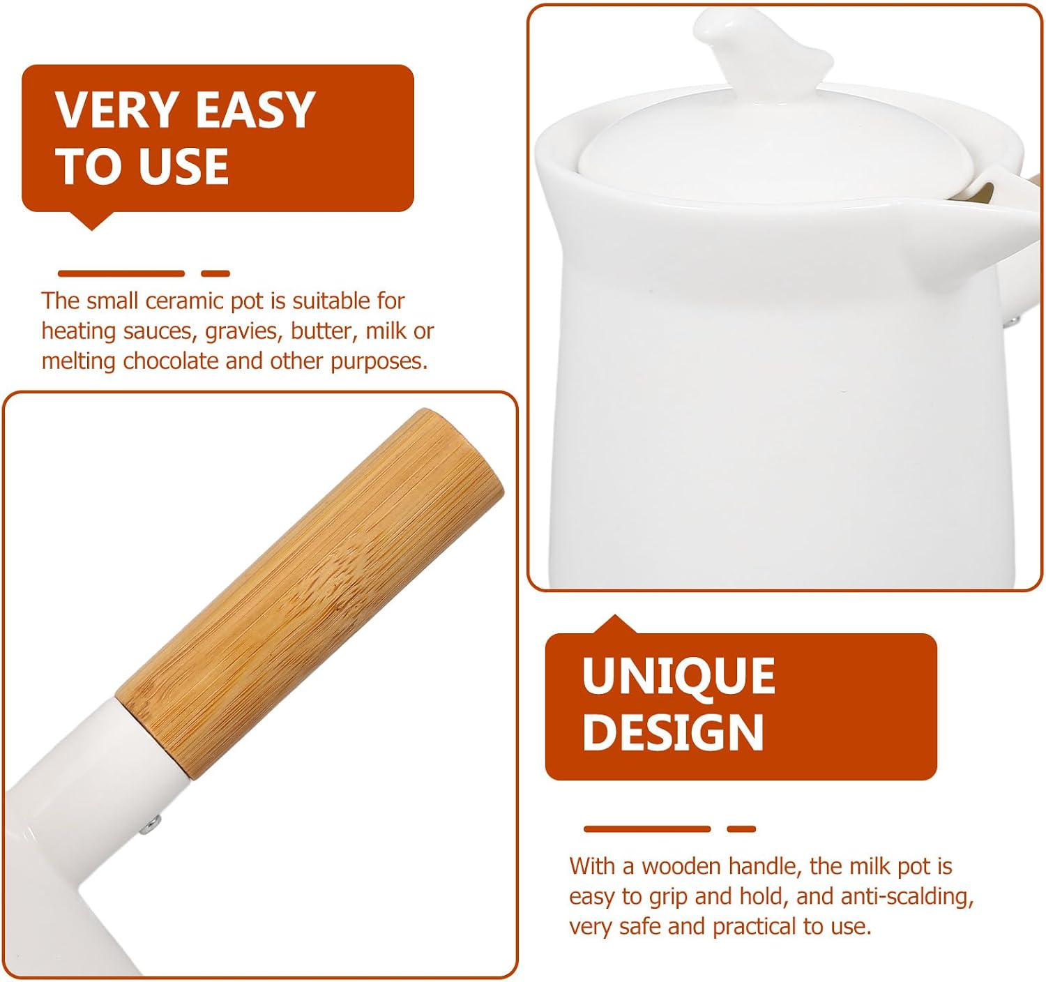 Ceramic Mini Saucepan for Heating Butter 350ml with Wooden Handle