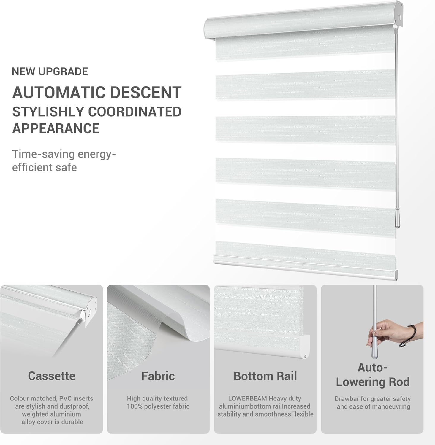 Zebra Blinds for Windows, Easy to Operate-Install,Automatic Descending Function,Blackout-Filtered Light Control,Durable Safe for Office-Home Roller Shades,Silver White,Custom Sizes