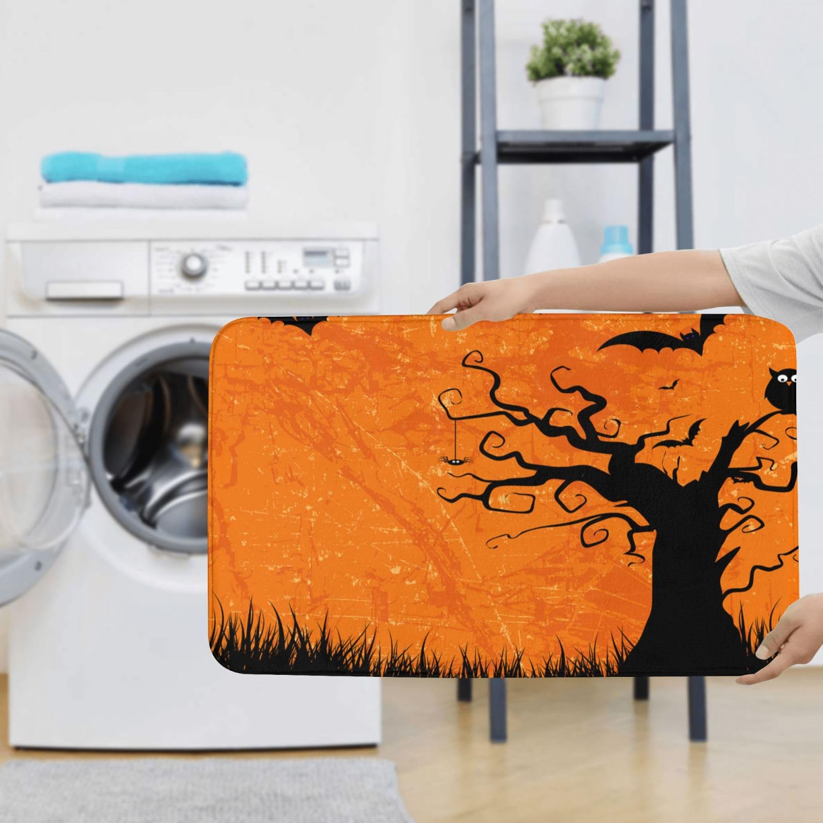 Set di tappetini da bagno con stampa arancione per feste di Halloween, 3 pezzi inclusi, tappetino da contorno assorbente per bagno
