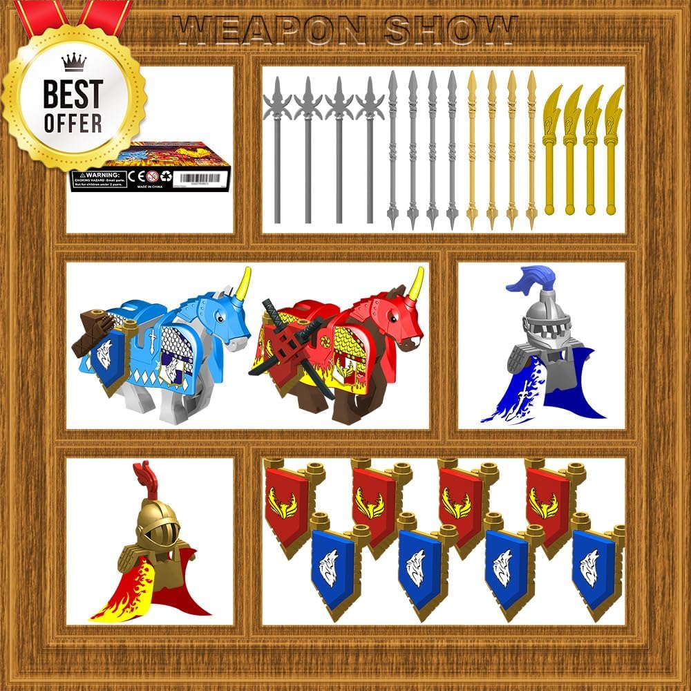 Weapon Pack for Minifigures Knight Weapons Set Accessories Kit Include Armor Helmet Cloaks Shield Barding Horses Compatible with All Major Brands (Medieval Weapon)