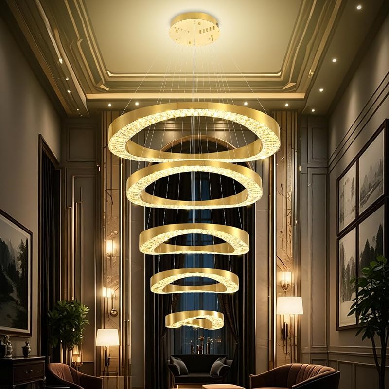 Flashing God Large 5 Ring Chandelier for High Ceiling,Modern LED Gold Ring Chandelier for Living Room,Foyer,Staircase,Entryway