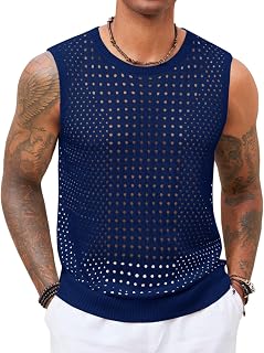 Mens Knit Sleeveless Tank Tops Casual Hollow Out T Shirts Beach Summer See Through Tops