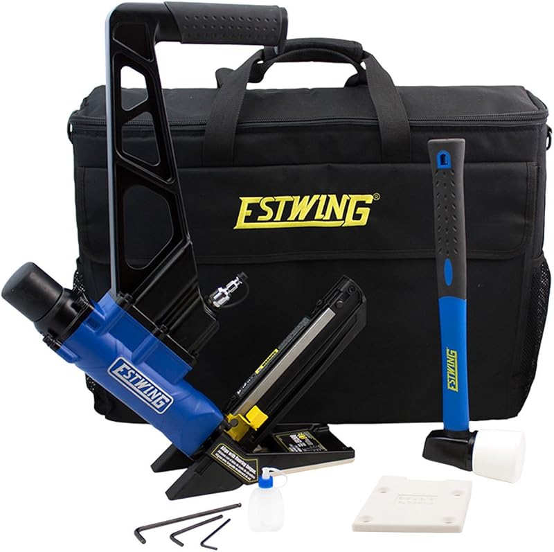 Estwing EFL50Q Clavadora y grapadora neumática 2 en 1 calibre 15,5 y calibre 16 para pisos de 2" Pistola de clavos ergonómica y liviana para pisos de madera con placas base intercambiables, pies y mazo No-Mar
