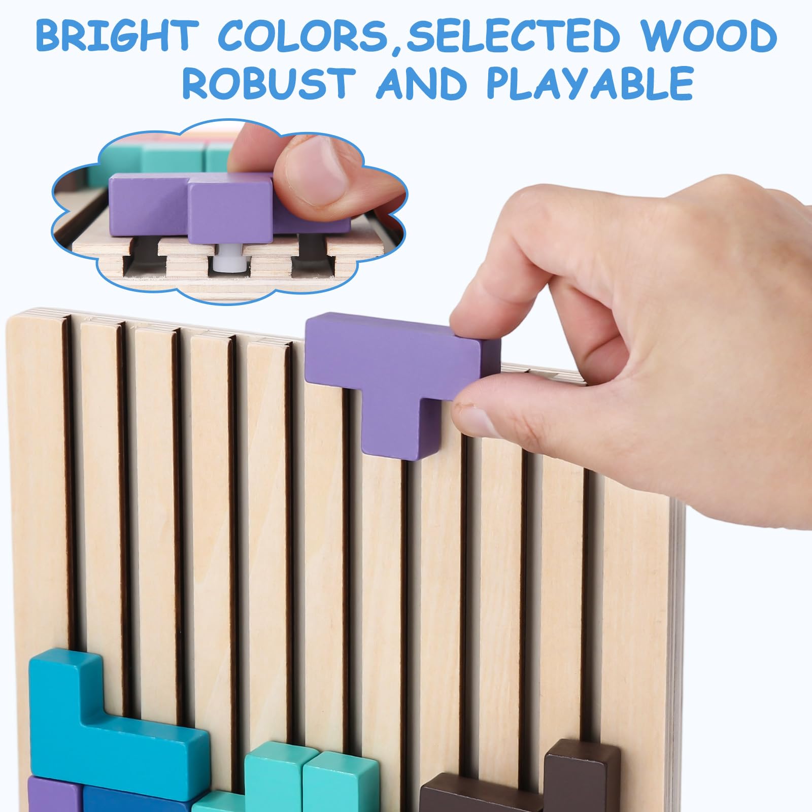 Drewniana gra Tetris, gry Montessori dla dzieci w wieku 3, 4, 5 i 6 lat, drewniane puzzle, drewniane puzzle 3D Montessori, drewniane puzzle z klockami do układania w stosy i 10 kartami, kolorowe