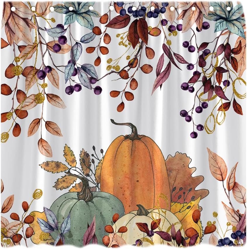WZFashionWZFashion Fall Shower Curtain Autumn Pumpkin Maple Leaves Thanksgiving Day Harvest Watercolor Hanging Eucalyptus Leaves Botanical Floral Rustic Farm Fabric Bath Curtain with Hook