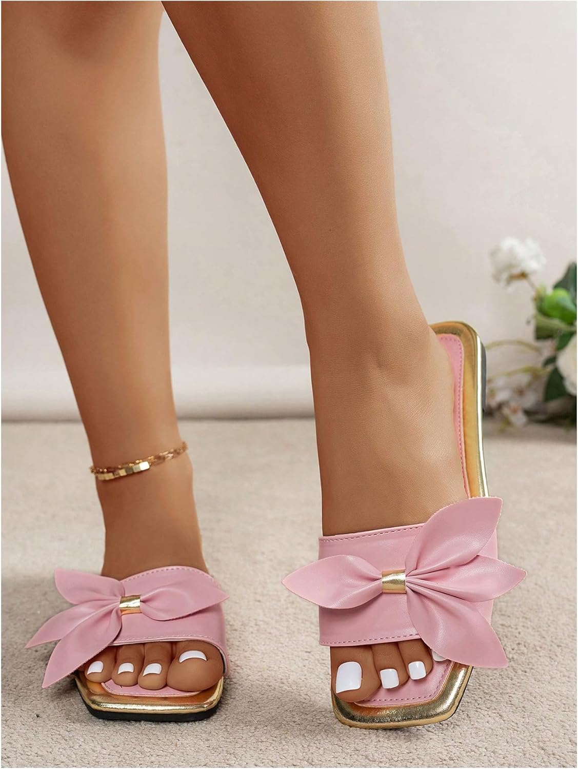 Verdusa Women's Vacation Bow Knot Elegant Slip on Dressy Sandals Square Open Toe Flat Sandals - Image 5