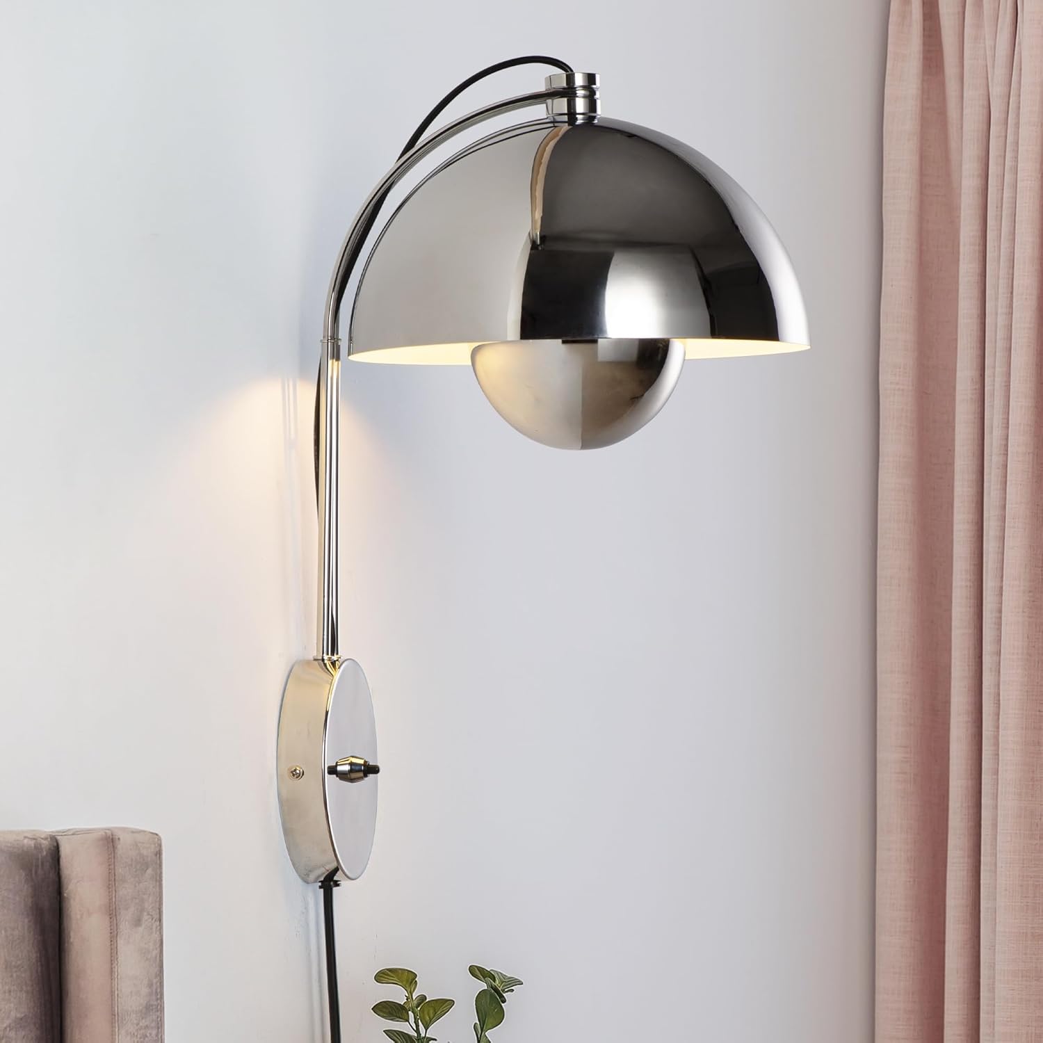 COSYLUX Modern Sleek Plug in Wall Sconce, Hardwired & Corded 2in1 Design Metal Wall Light Fixtures for Bedroom Bedside Reading, Mid-Century Flower Bud Wireless Wall Sconces with Switch,Chrome