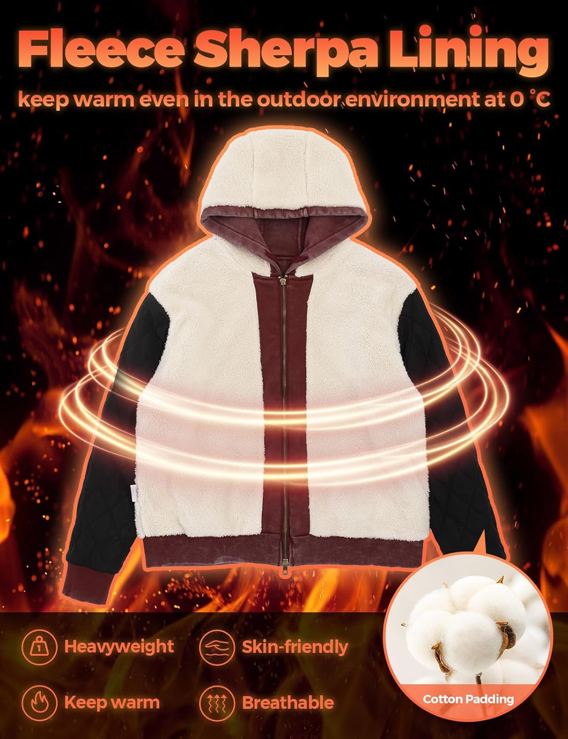 Men's Acid Wash Sherpa Fleece Lined Jacket Vintage Heavyweight Winter Warm Outdoor Hoodie Coat - Image 4