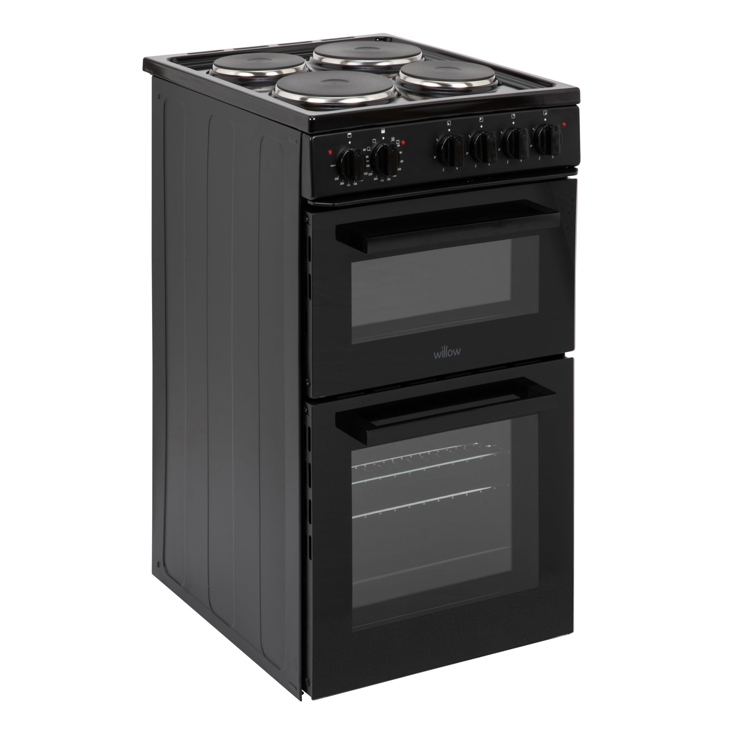 Willow WE50TSB 62L Freestanding Electric Cooker, 50cm Wide Twin Cavity Cooker with Solid 4 Plate Hob, 31L Capacity Grill Cavity, 2 Year Warranty - Black — view 3