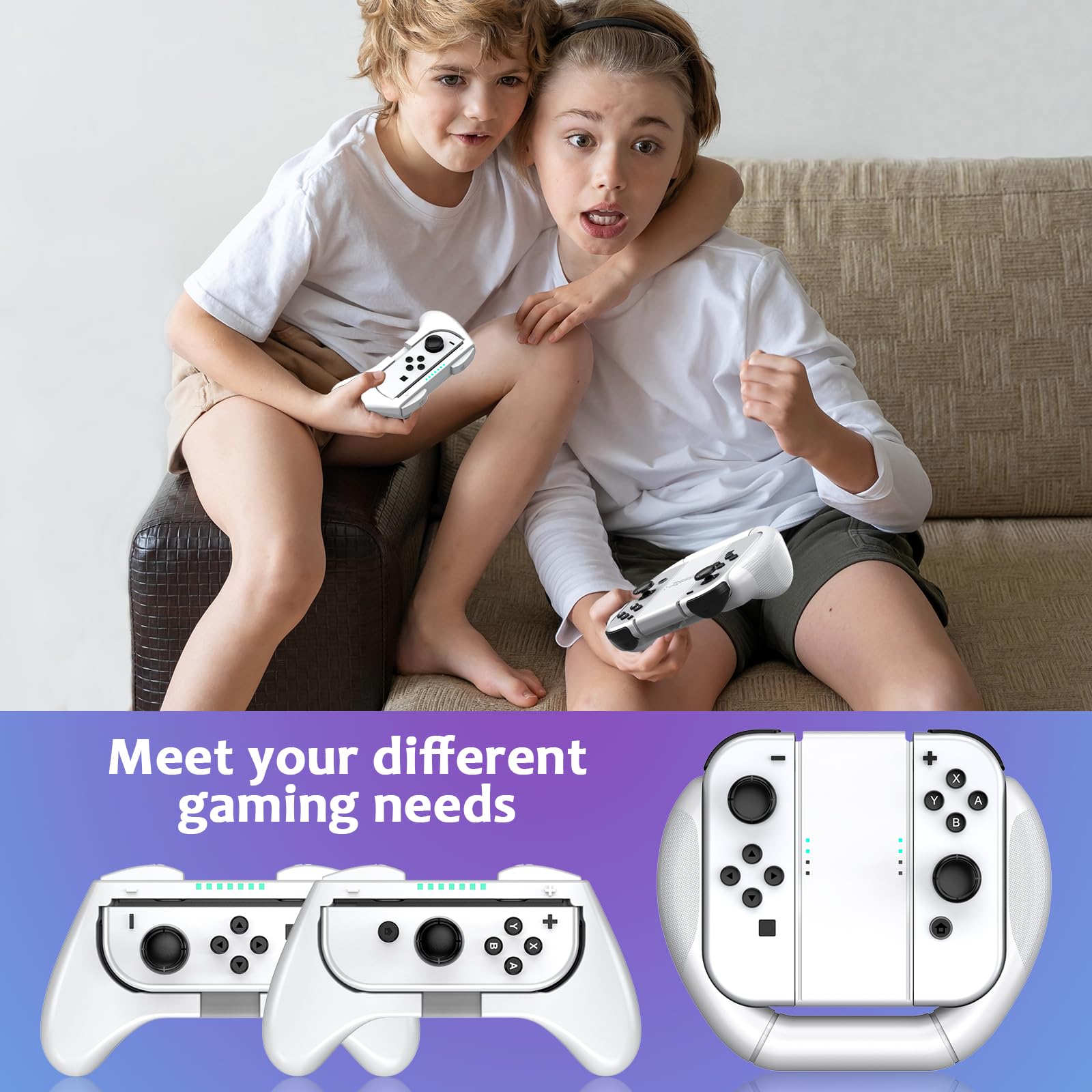 Grip Kompatibel mit Nintendo Switch/Switch OLED Joy Con Zubehör, 3 in 1 Ergonomisches Design Verschleißfeste Komfort Controller Griff Kit Kompatibel mit Nintendo Switch/OLED Joy-Con, Weiß