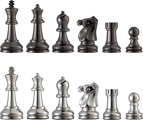 Bobby Fischer Juego de ajedrez Staunton de metal definitivo con 3.75 pulgadas King - Piezas de ajedrez ponderadas solamente, plata y negro, juego de