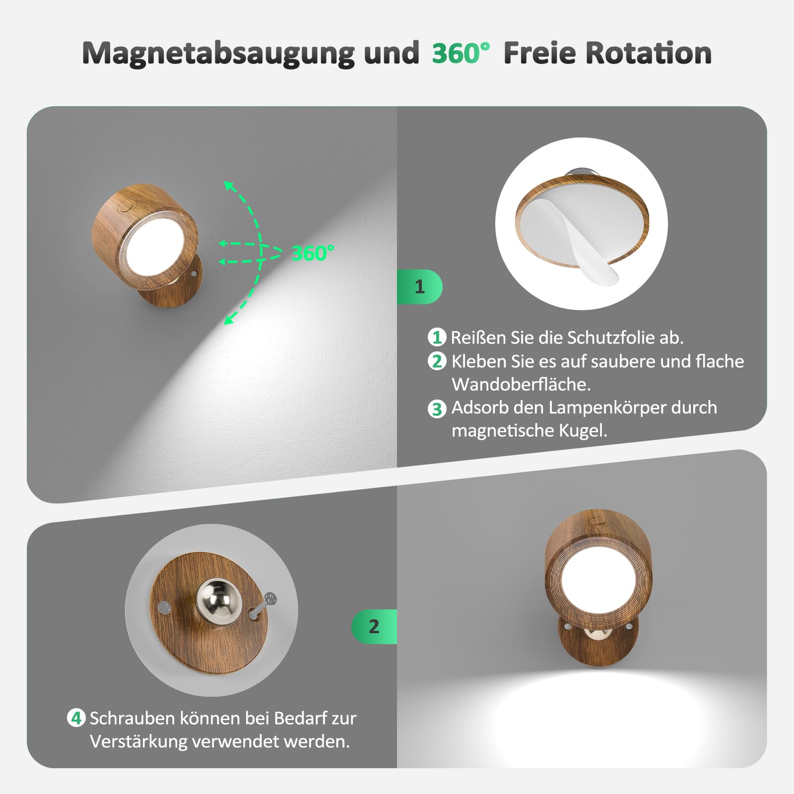 LED Wandleuchte Kabellos, 2 Stück Akku Wandlampe ohne Bohren Aufladbare Lampen, 3 Farbmodi Dimmbar Wandlicht Nachttischlampe mit Fernbedienung, 360° Indirekte Strahler für Kinderzimmer Schlafzimmer