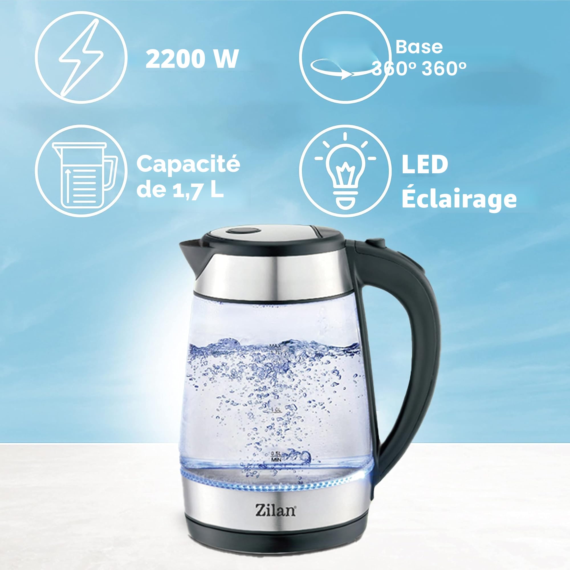 Bouilloire en verre et acier inoxydable 2200W 1,7L Éclairage LED bleu 360° Filtre anti-calcaire Sans BPA