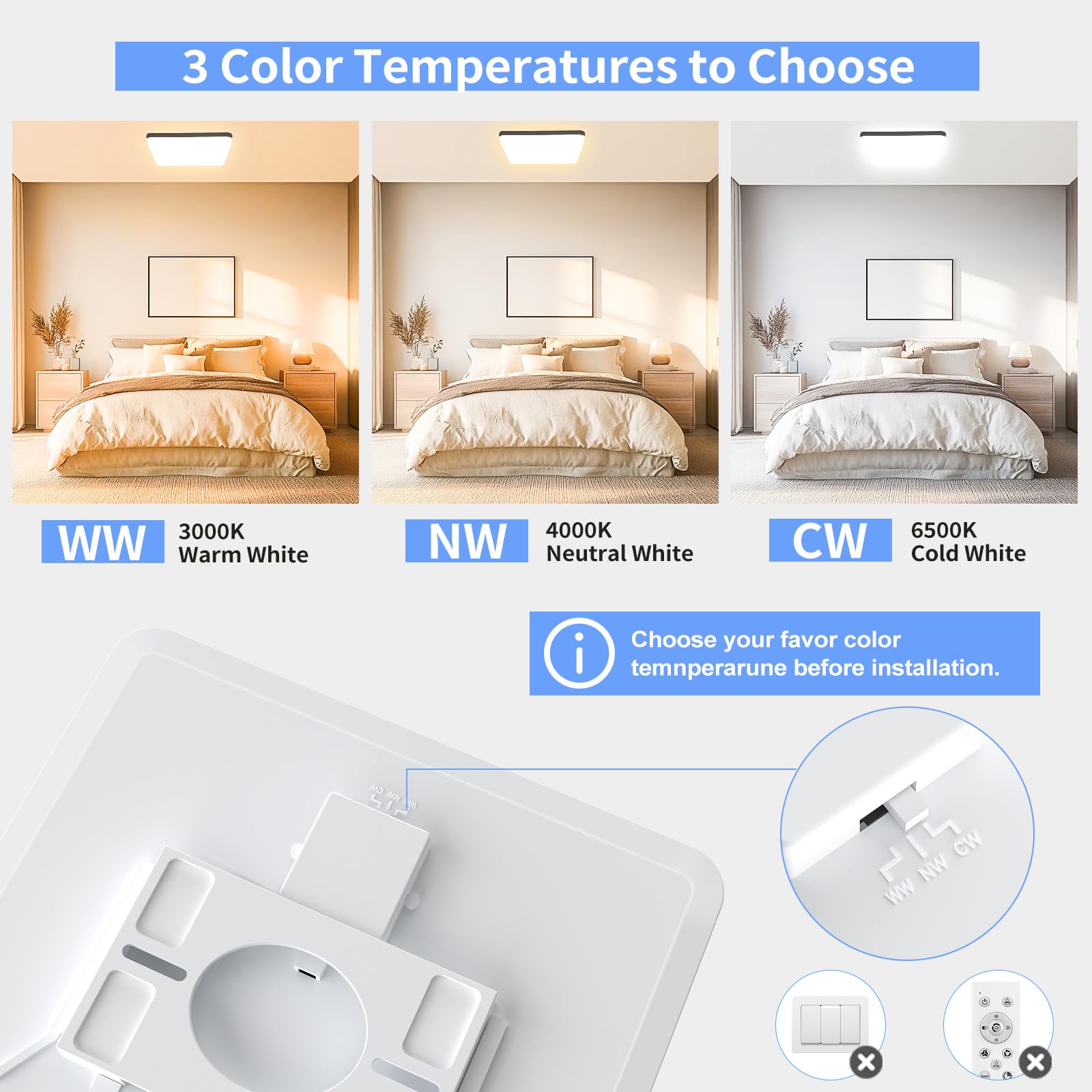 Plafoniera LED Soffitto 24W, 3000/4000/6500K Lampada da Soffitto LED Moderno, 2400LM Plafoniera Bagno IP44 Impermeabile Plafoniere da Ufficio Luce Soffitto per Camera Letto Cucina Soggiorno Balcone