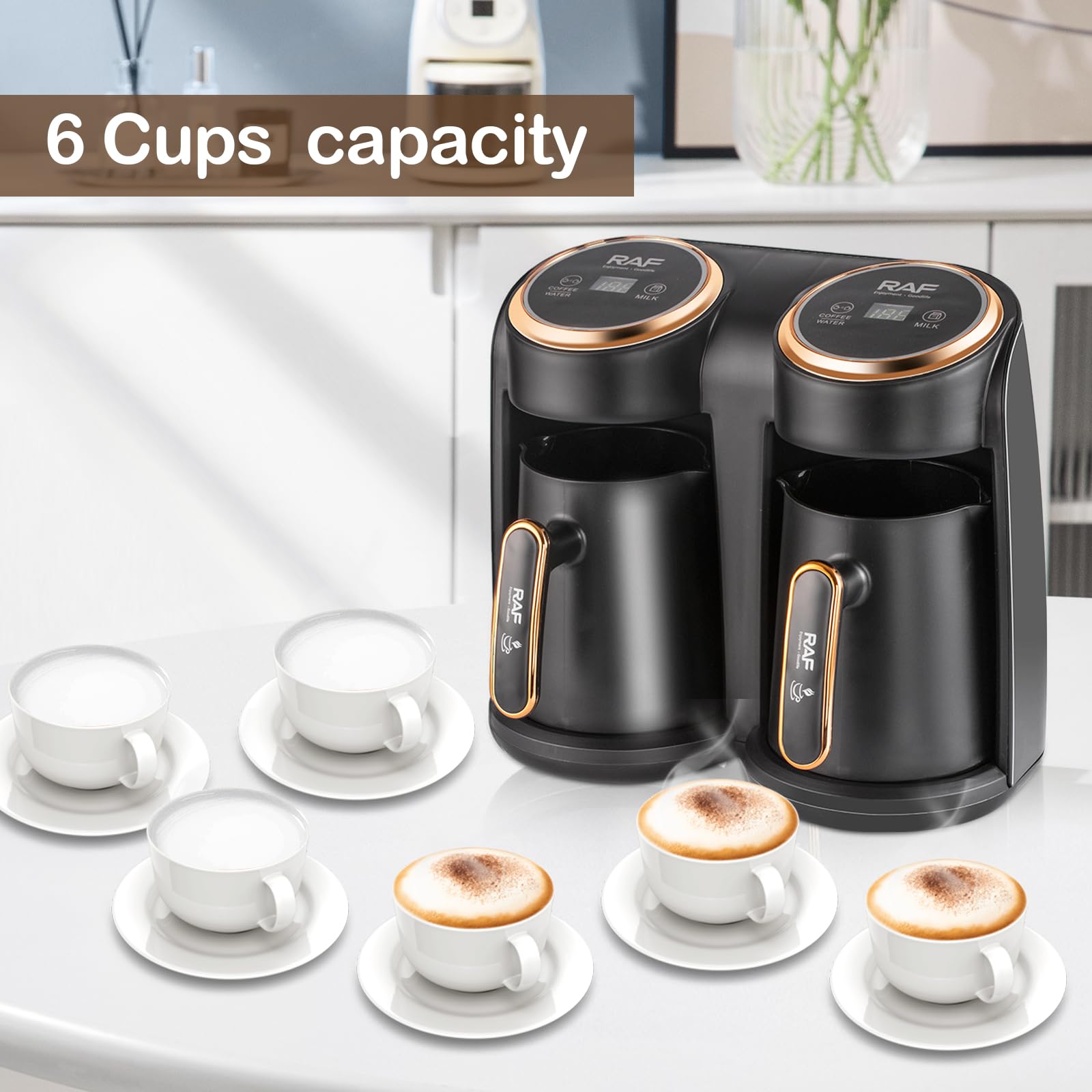 RAF Elektrische Türkische Kaffeemaschine, 600W Kaffeepott mit Dual-Heizsystem, Gleichzeitig Kaffee & Milch erhitzen, 300+300ml Große Kapazität für 6 Tassen, mit Anti Trockenlauf Schutz