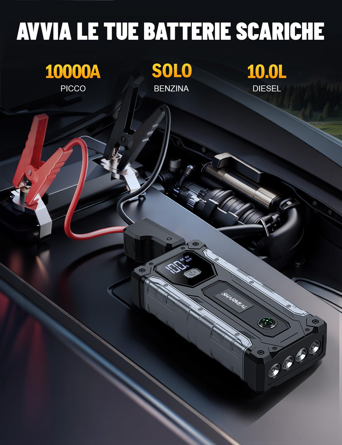 SHARMEAL Avviatore Batteria Auto 10000A, Avviatore di Emergenza per Auto per Motori Tutti Benzina e 10.0L Diesel, Portatile 12V Booster Avviamento con Torcia, Cavo di Avviamento, Ricarica USB