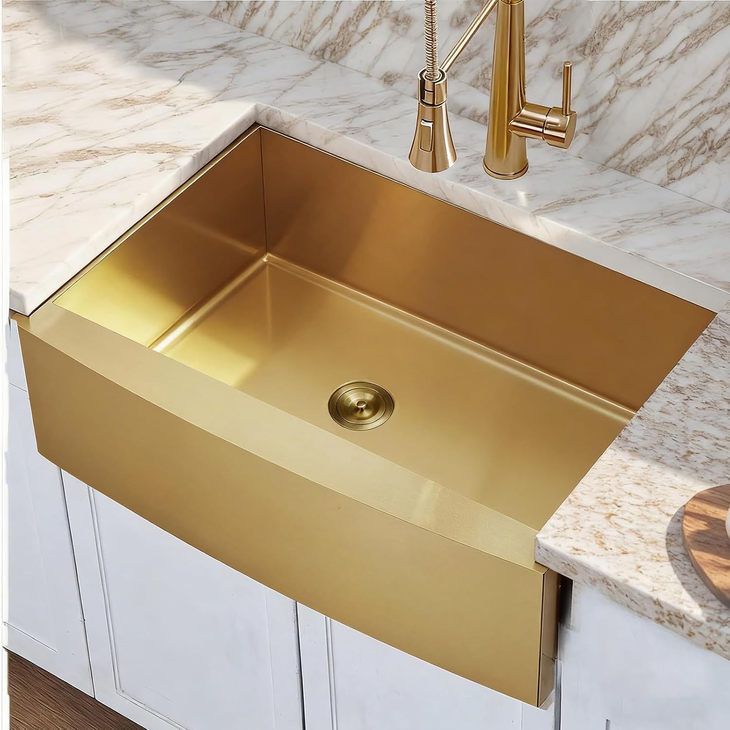 Hotis Gold Farmhouse Sink, 33 Inch Stainless Steel Farmhouse Kitchen Sinks, Single Bowl Burshed Gold Apron Front Farm Sinks, Brass Undermount Sink With Accessories