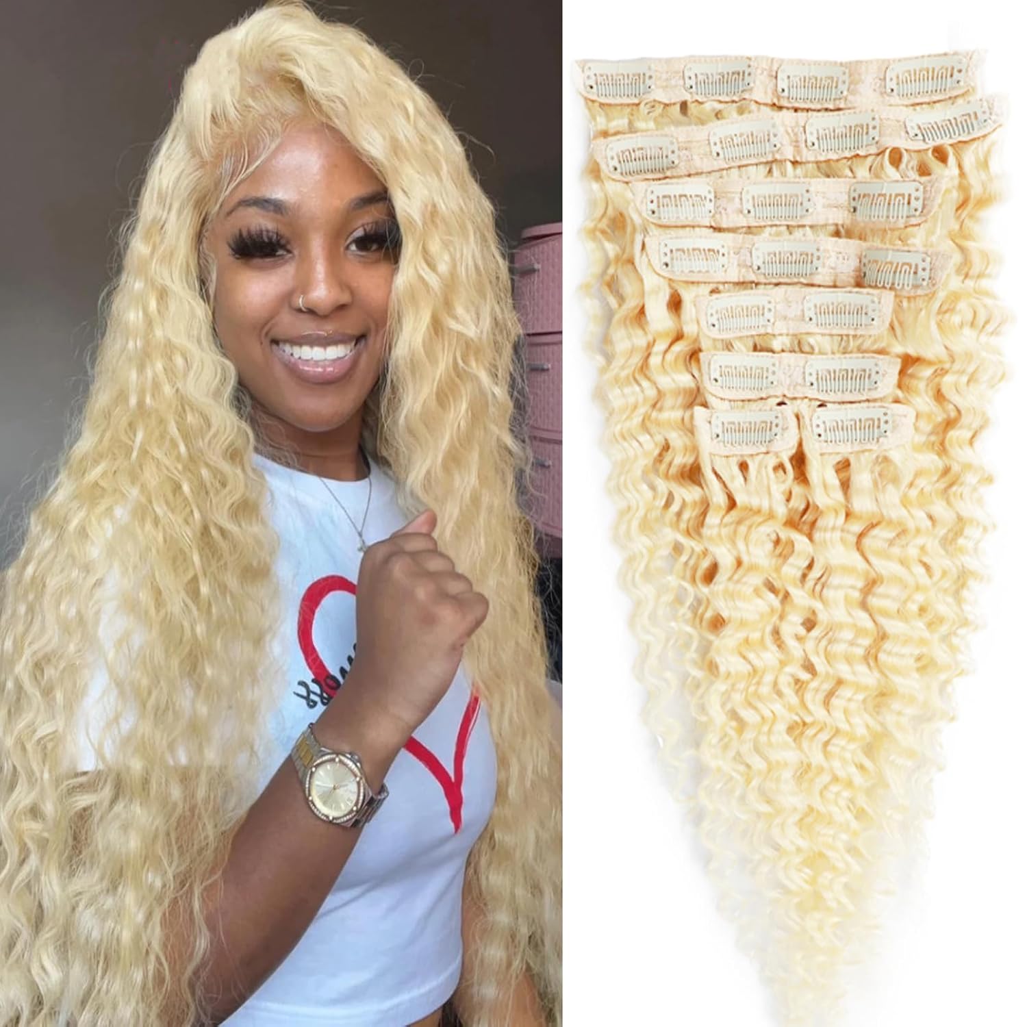 Blonde 28 Inch Curly Clip in Human Hair Extensions 613 Deep Wave Seamless Clip in Hair Extensions Thick Real Human Hair Clip ins Blonde Curly Hair Extensions for Women 100-140g/set