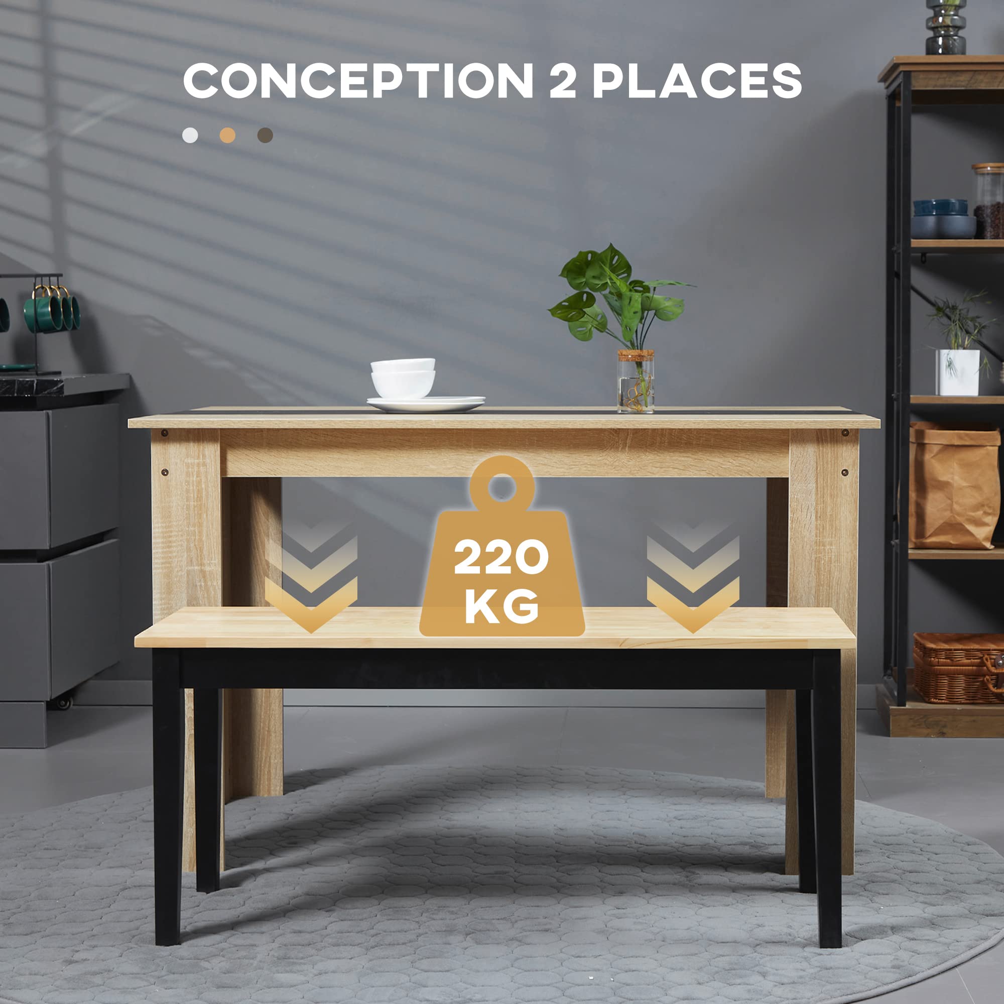 HOMCOM Banc en Bois pour 2 Personnes Bicolore Assise Naturelle et piètement Noir - 102 x 36 x 45 cm
