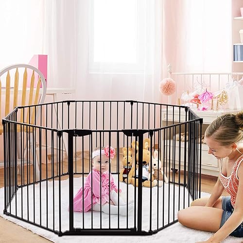 Miniatura 6 de SOSPIRO Puerta negra extra ancha para bebés de 196.8 pulgadas con puerta, valla larga de metal, puertas altas para perros para mascotas, escaleras