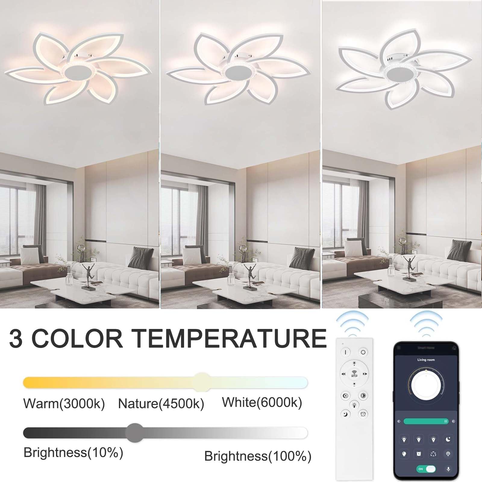 Lámpara Techo LED Inteligente con Mando a Distancia y Función de Memoria Controlable Mediante APP Ceiling Light 3 Temperaturas de Color Opcionales Ceiling Lamp Dc Motor, Blanco