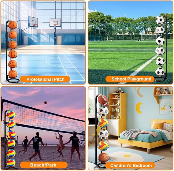 Ball Storage Rack, 6 Tier Vertical Football Stand, Removable Metal Ball Stand Sports Organizer Football Holder, Black Display Stand for Basketball Volleyball football Soccer Outdoor Indoor