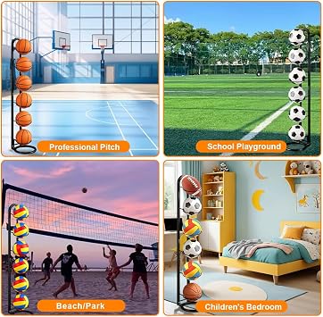 Ball Storage Rack, 6 Tier Vertical Football Stand, Removable Metal Ball Stand Sports Organizer Football Holder, Black Display Stand for Basketball Volleyball football Soccer Outdoor Indoor