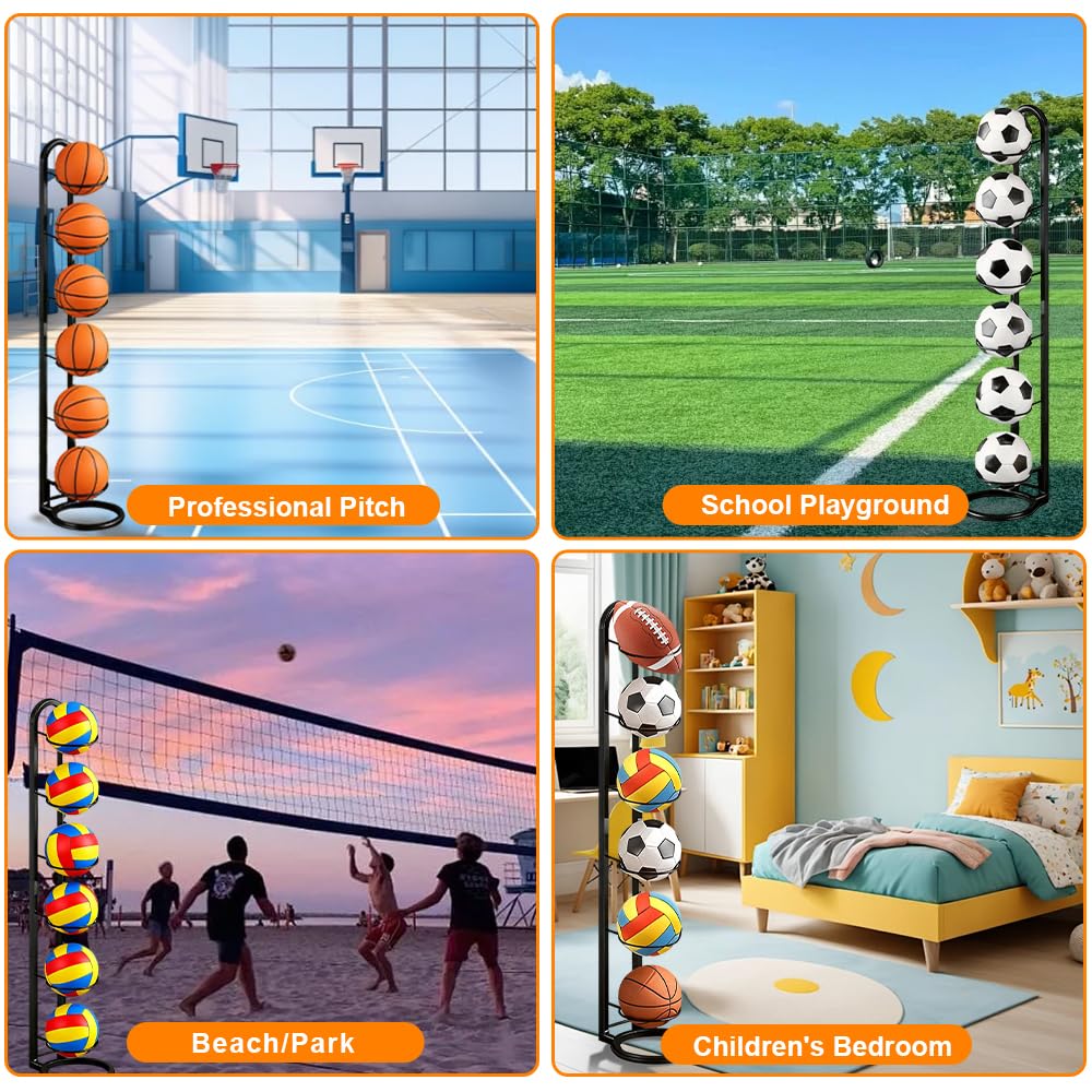 Estante de Almacenamiento de Pelotas, 6 Niveles Soporte de Exhibición Vertical, Soporte para Bolas de Futebol Baloncesto, Negro Soporte Vertical para Pelotas de Futbol Voleibol Deportivas